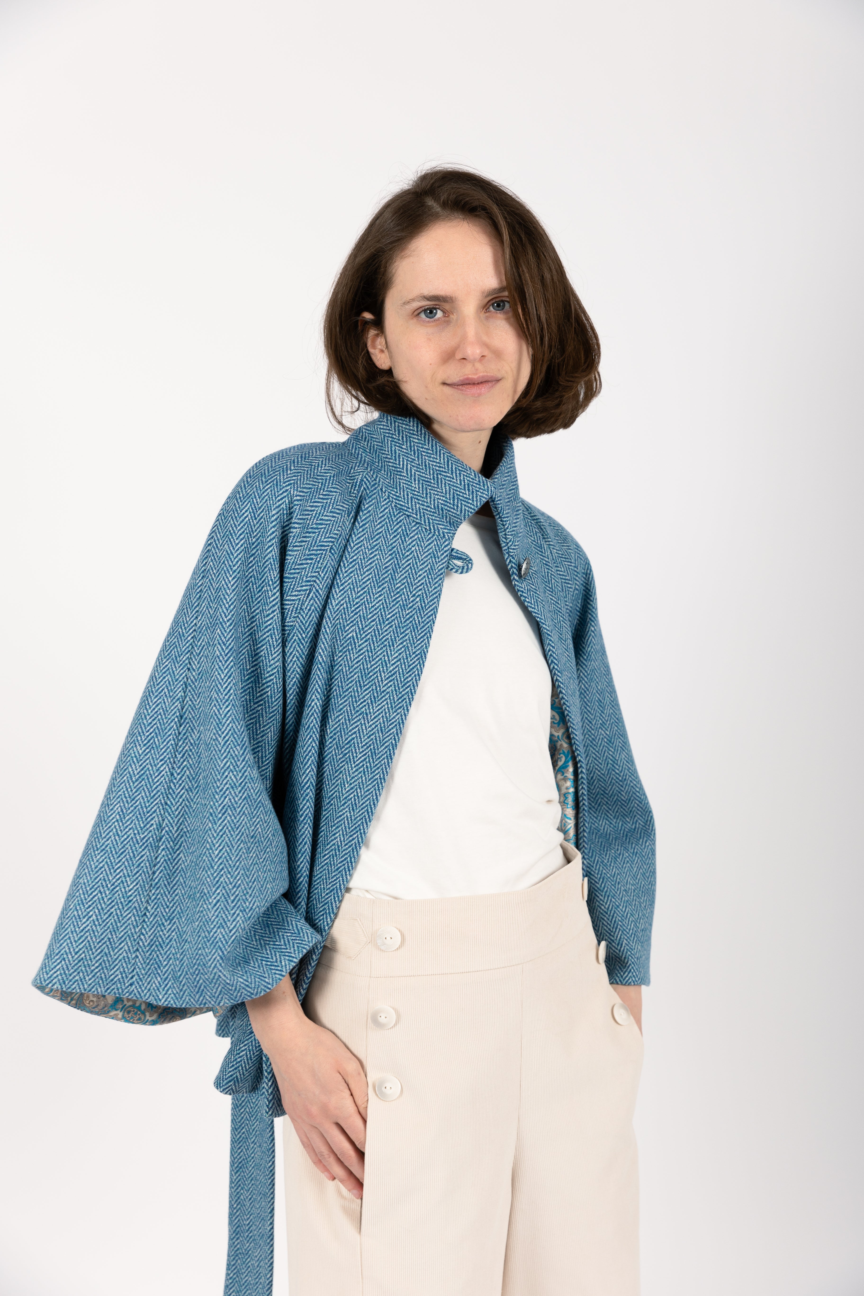 Herringbone Wool Cape blue Coat
