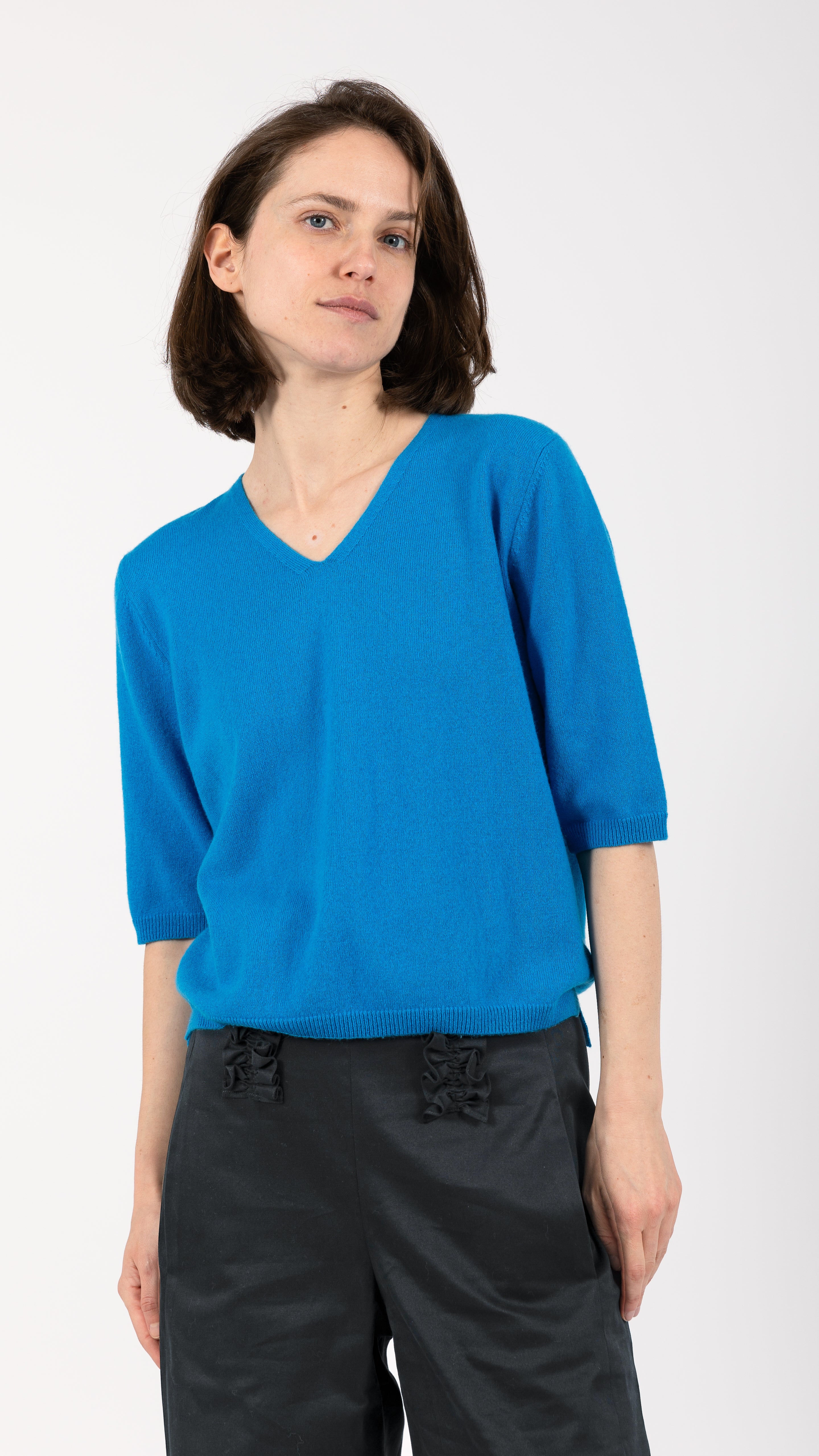 Relaxed Fit Cashmere Blend v-neck Top Peacock Blue