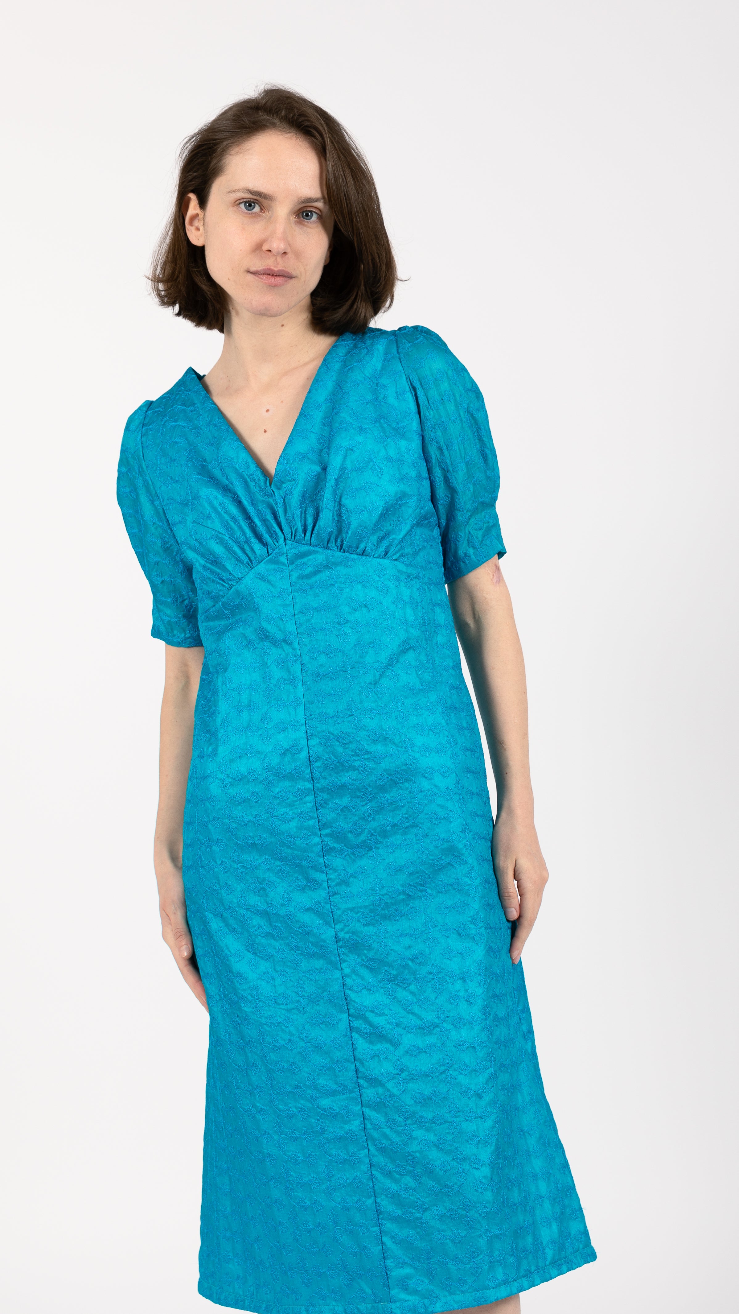 Silk Ruched Midi Dress Aqua Blue