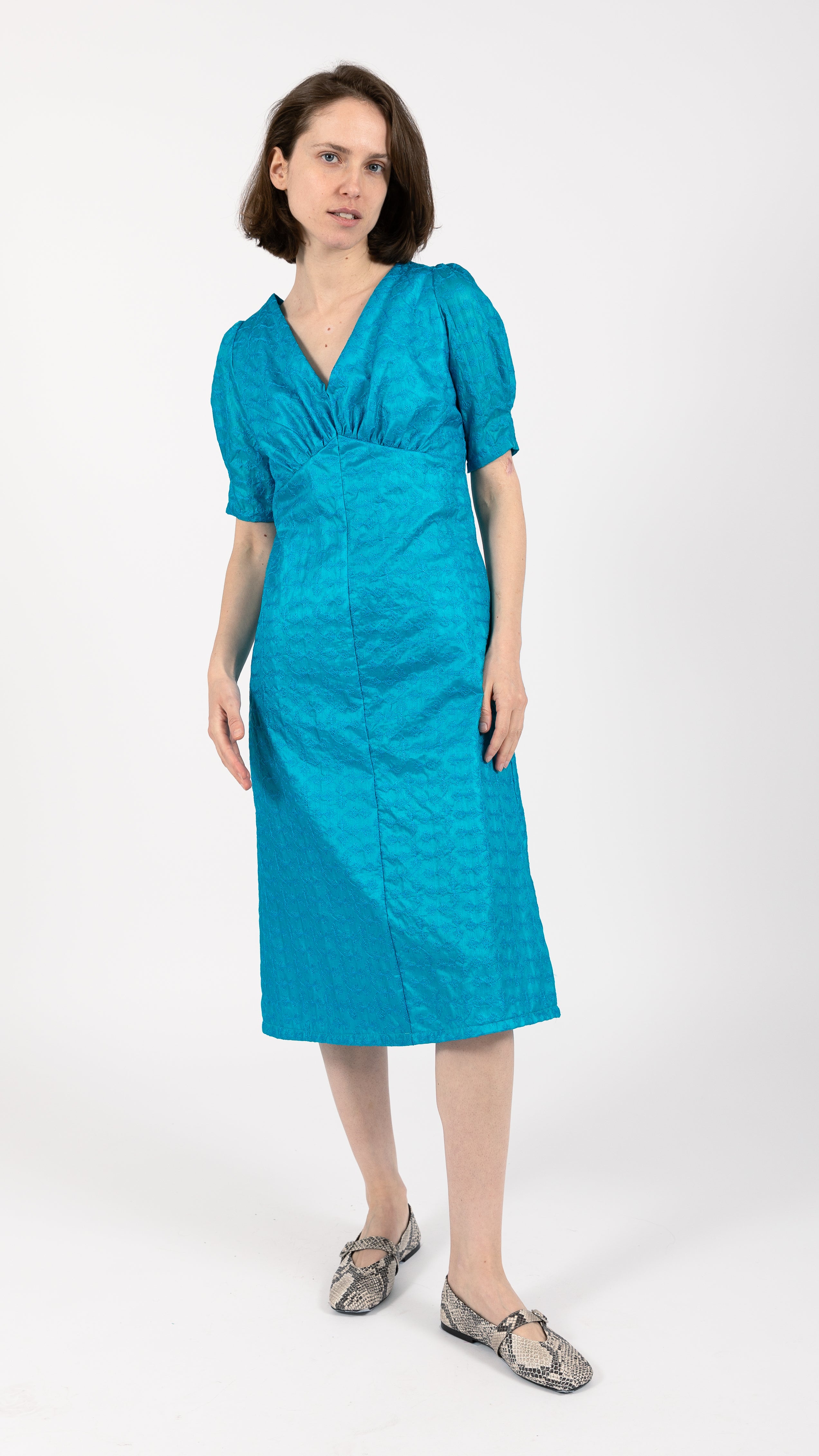 Silk Ruched Midi Dress Aqua Blue