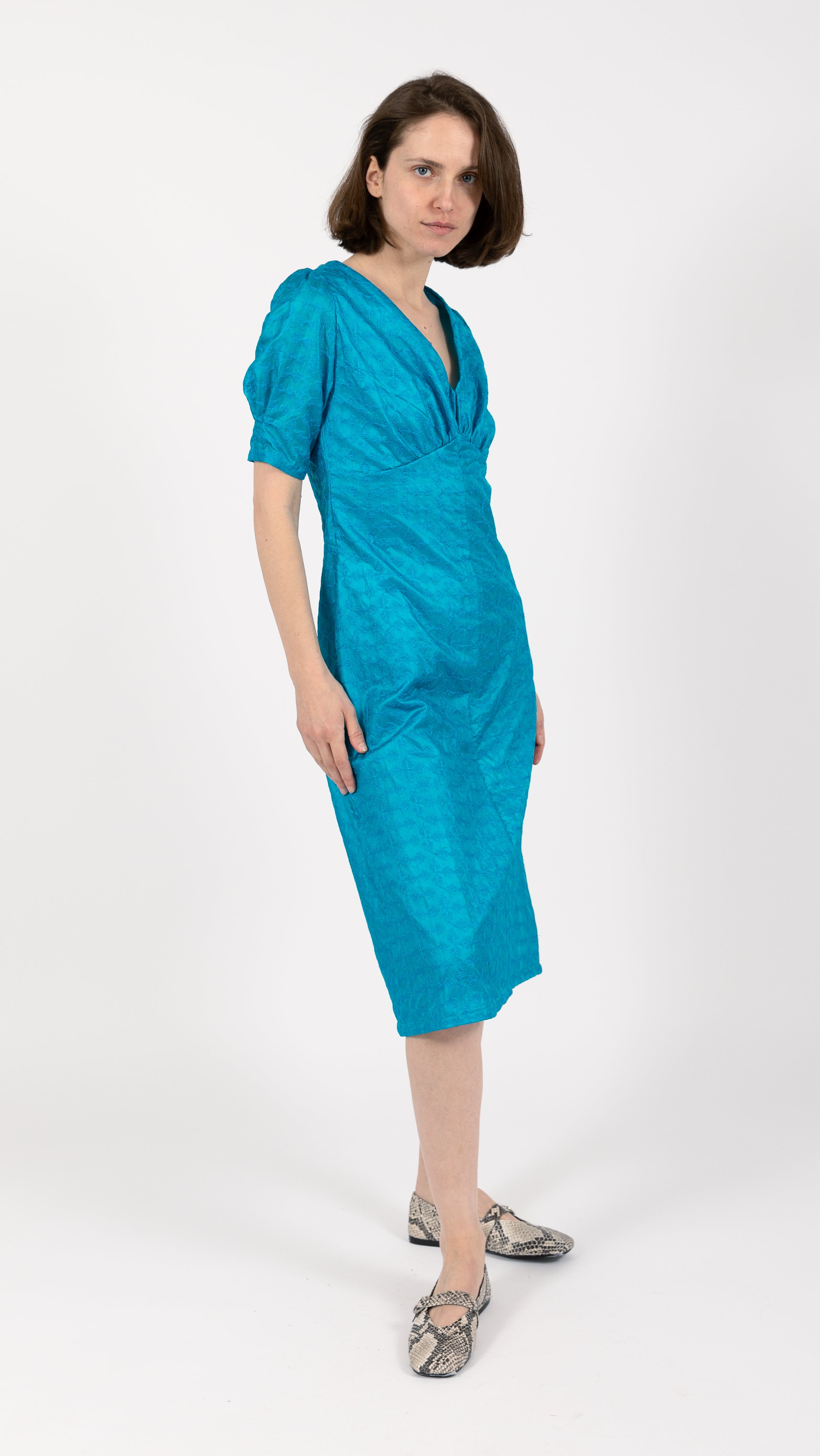 Silk Ruched Midi Dress Aqua Blue