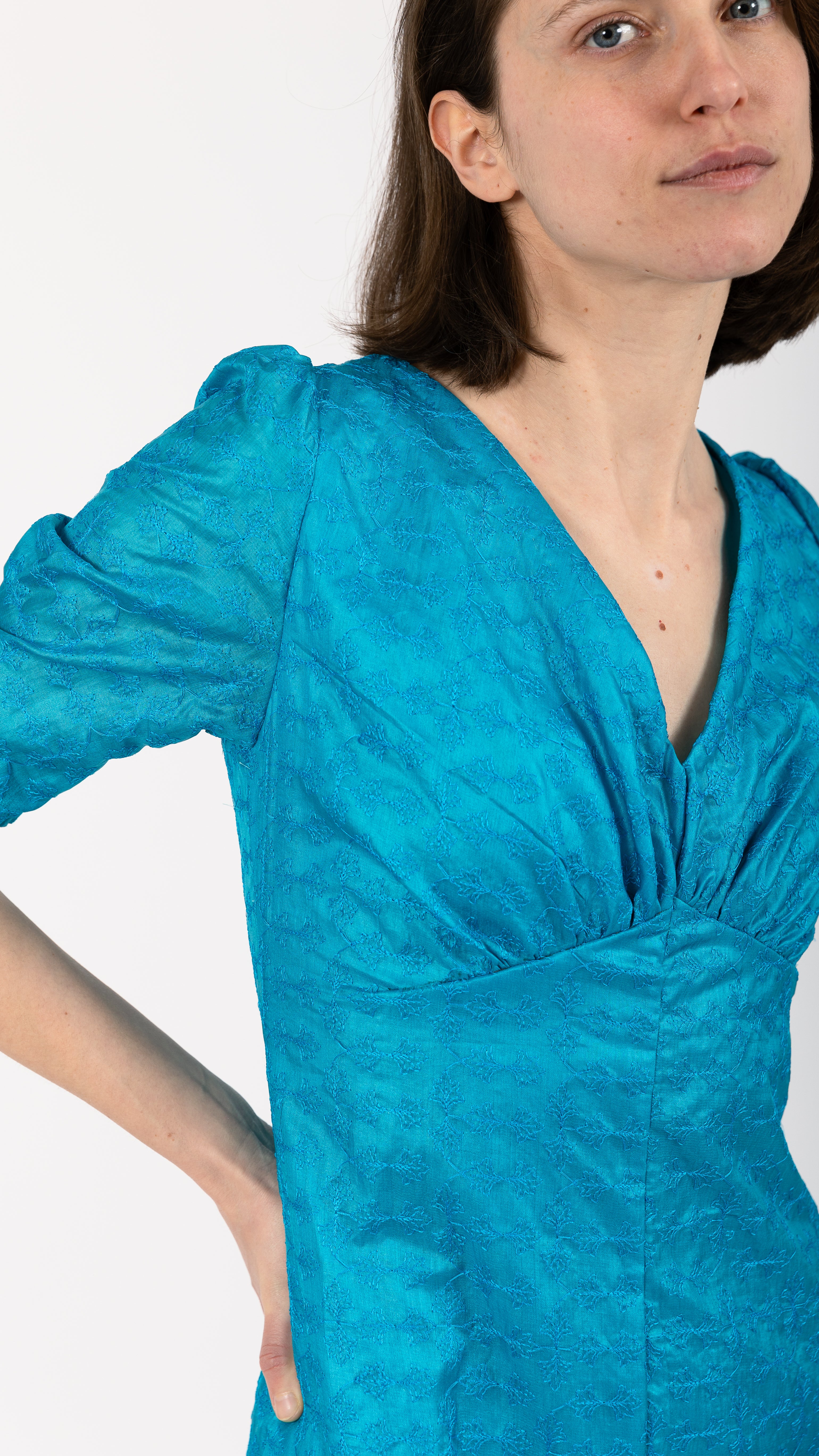 Silk Ruched Midi Dress Aqua Blue