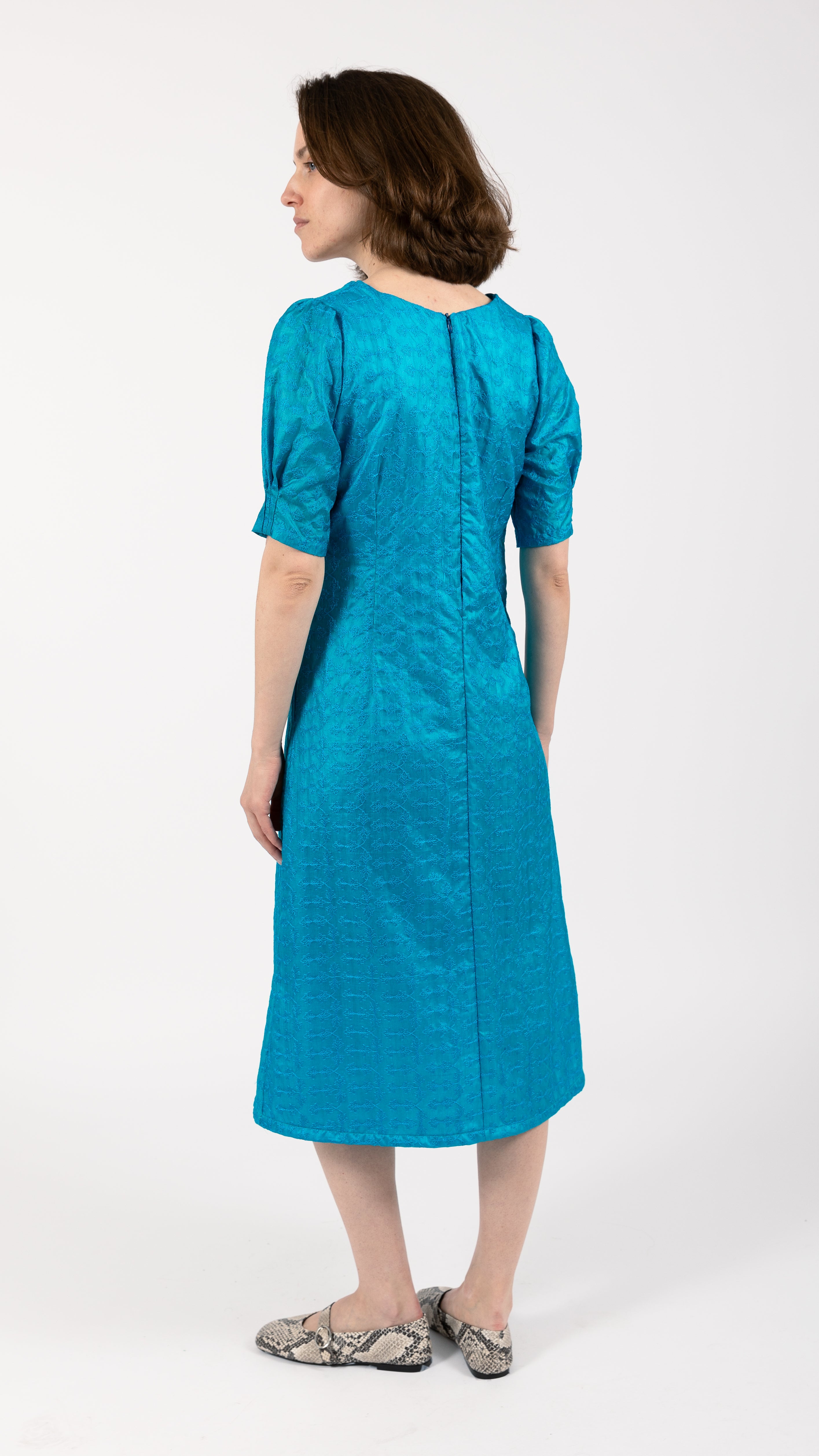 Silk Ruched Midi Dress Aqua Blue
