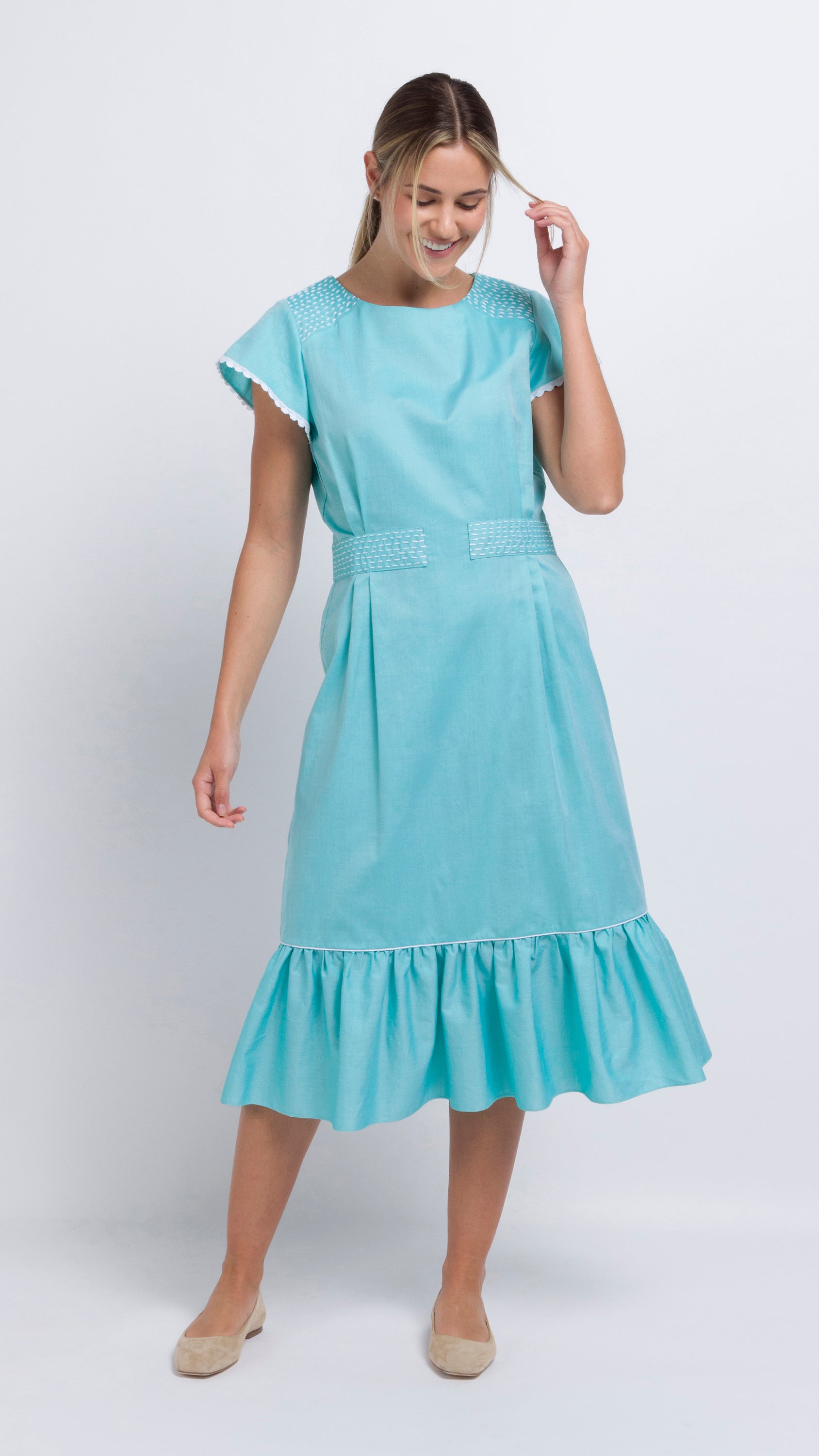 Embroidered aqua cotton midi dress