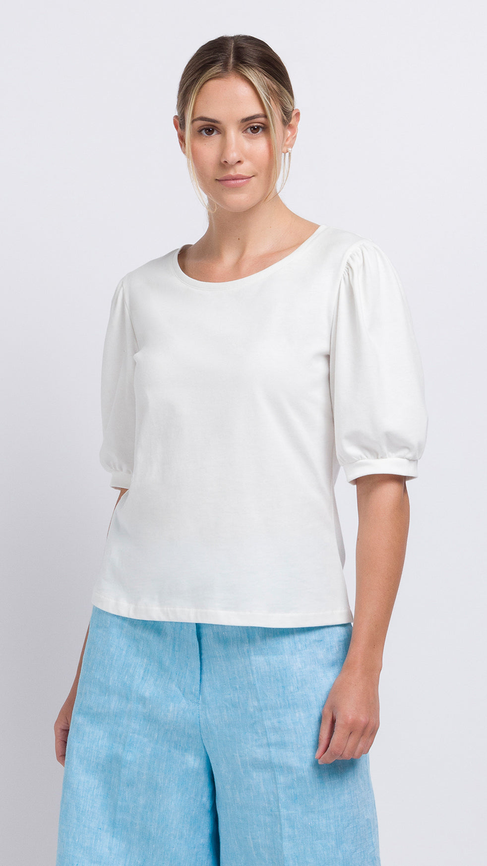 white cotton Gathered Sleeve T-shirt
