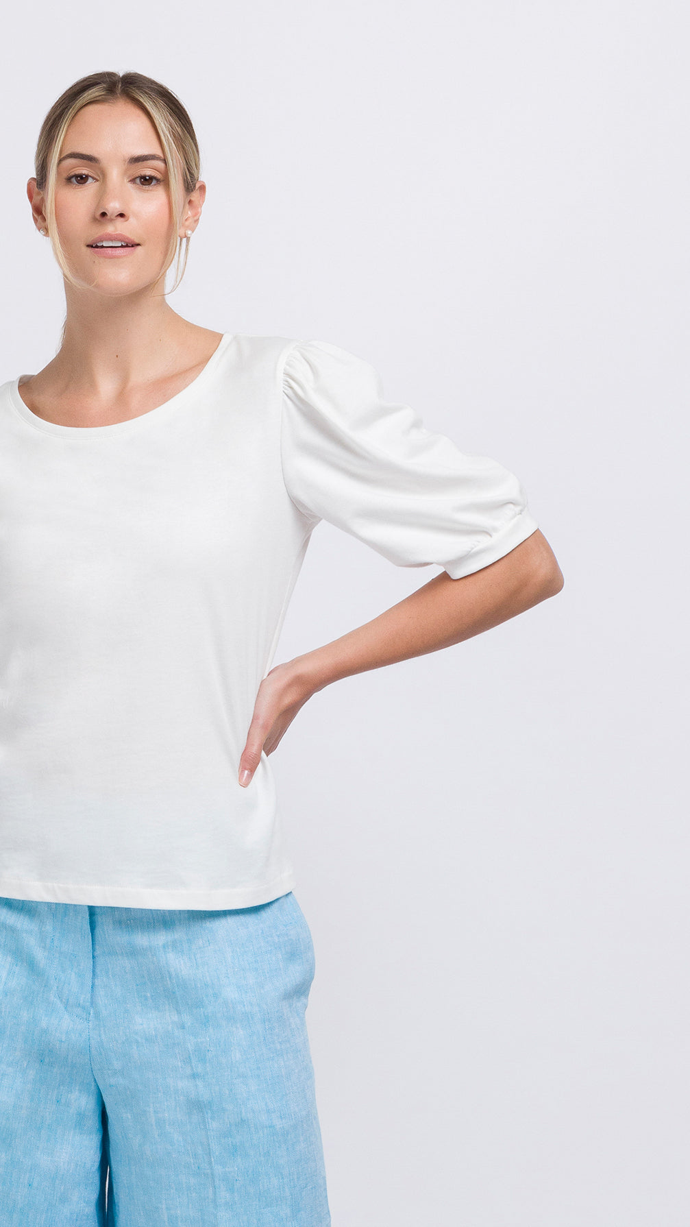 white cotton Gathered Sleeve T-shirt