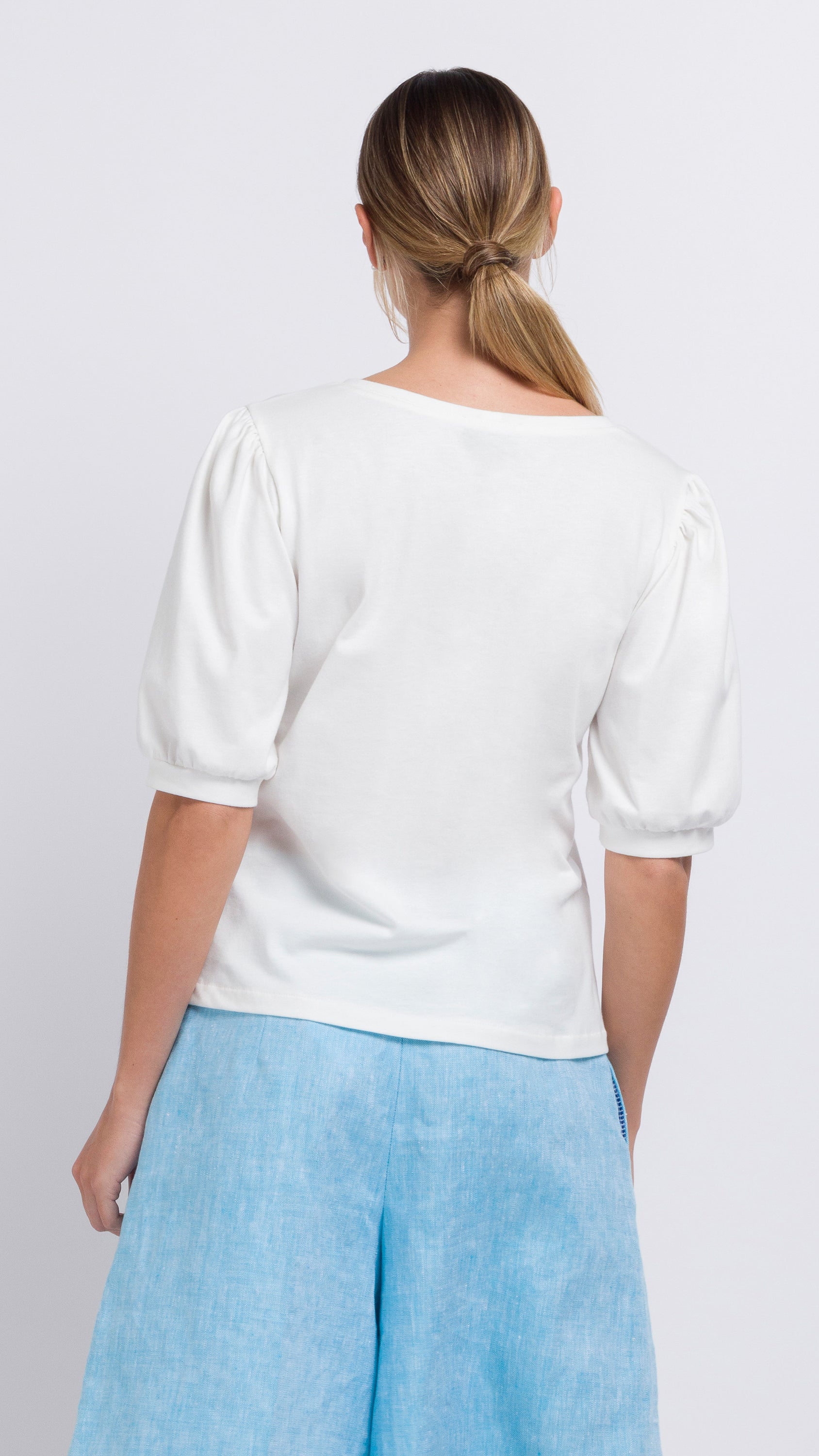 white cotton Gathered Sleeve T-shirt
