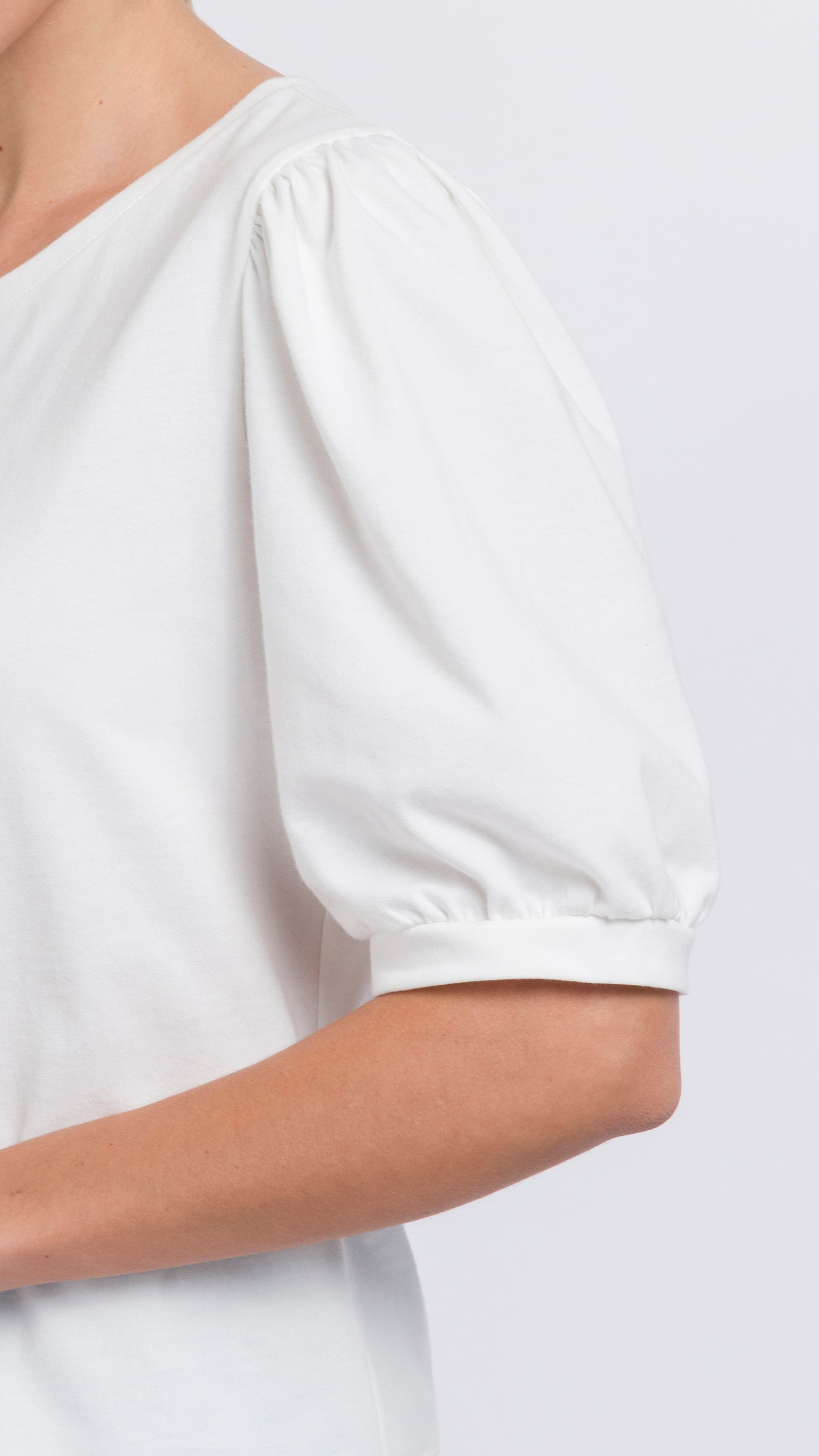 white cotton Gathered Sleeve T-shirt