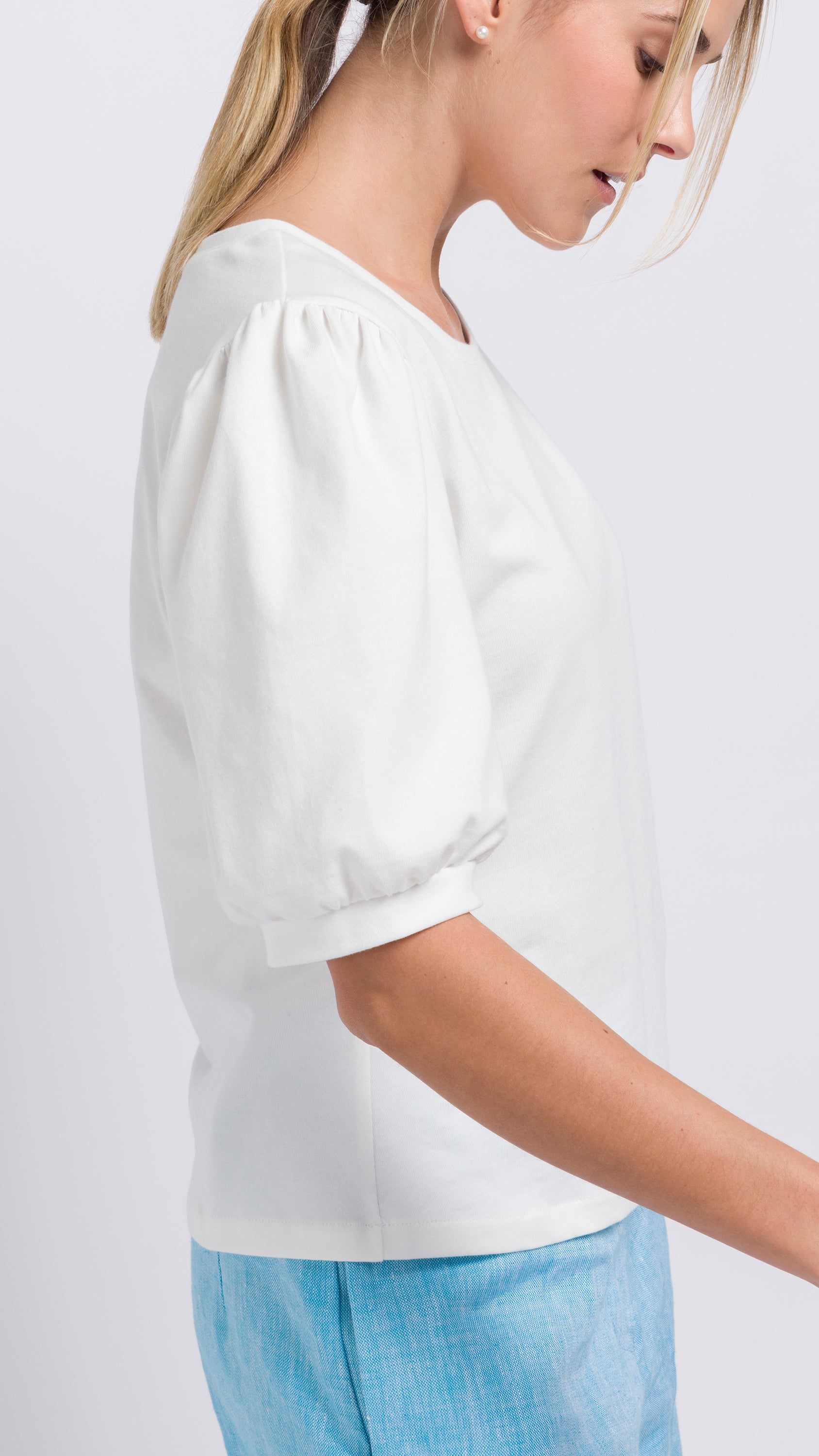 white cotton Gathered Sleeve T-shirt