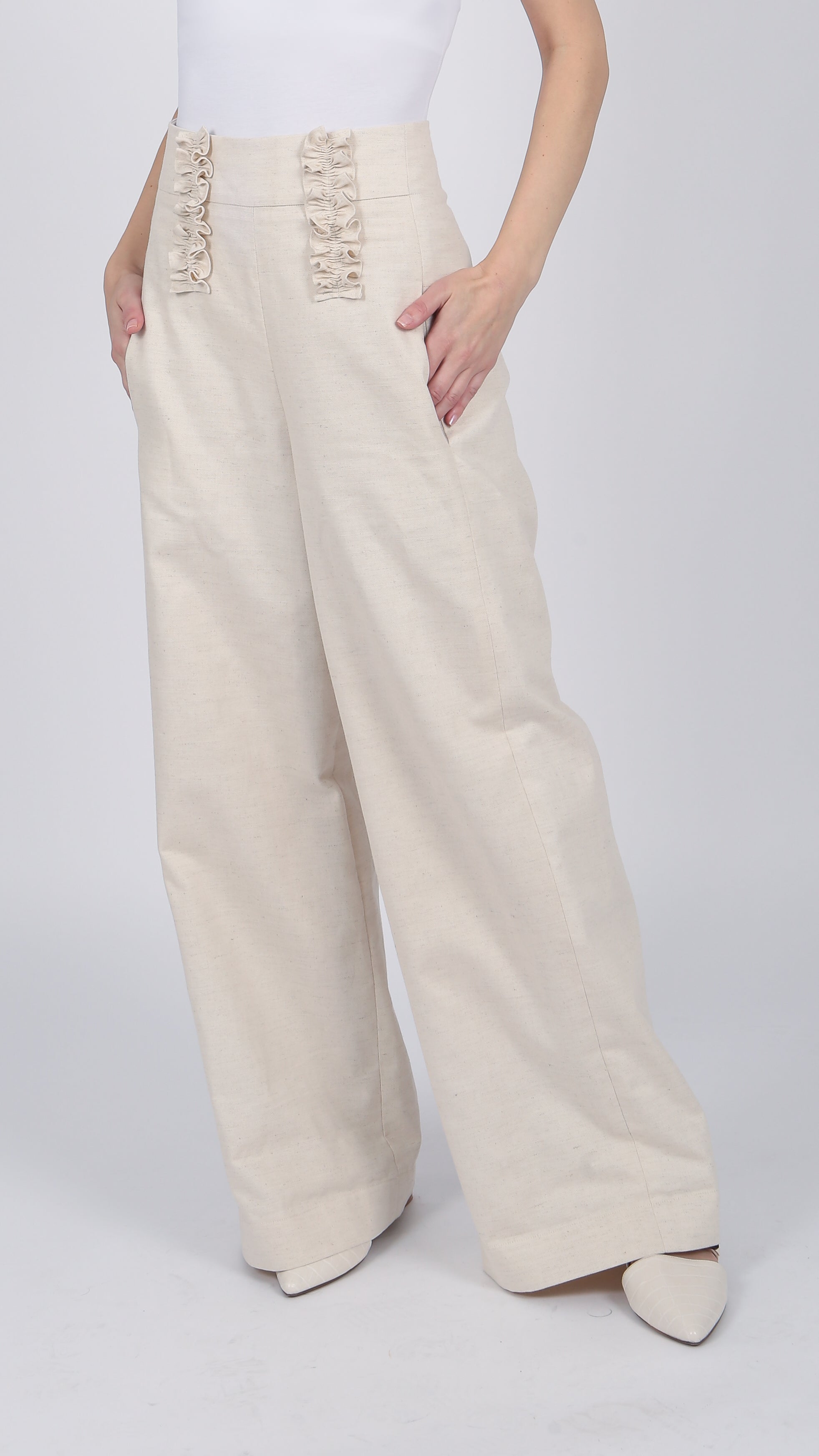 ivory Linen Blend Ruffle high waisted Trouser
