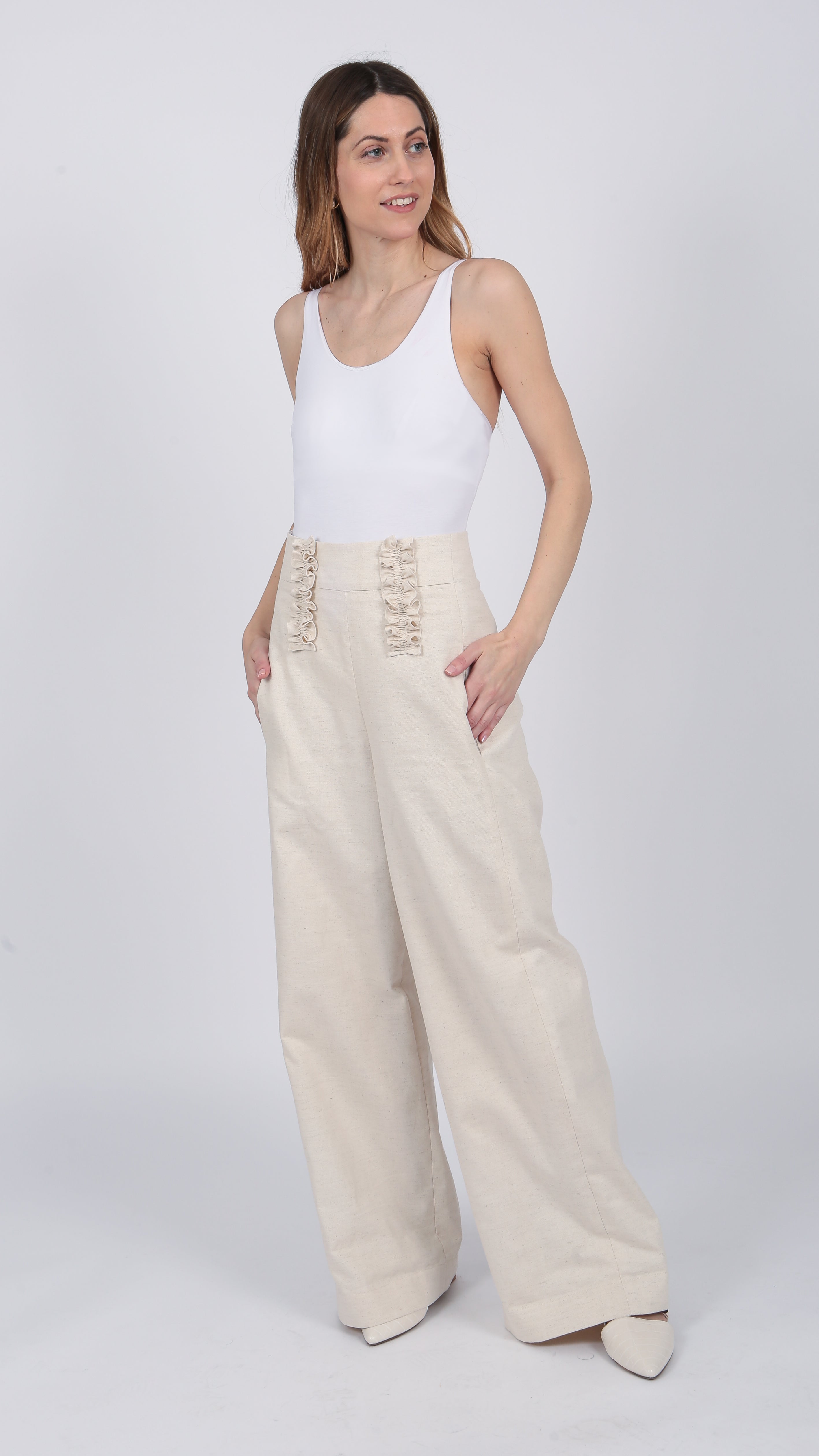 ivory Linen Blend Ruffle high waisted Trouser