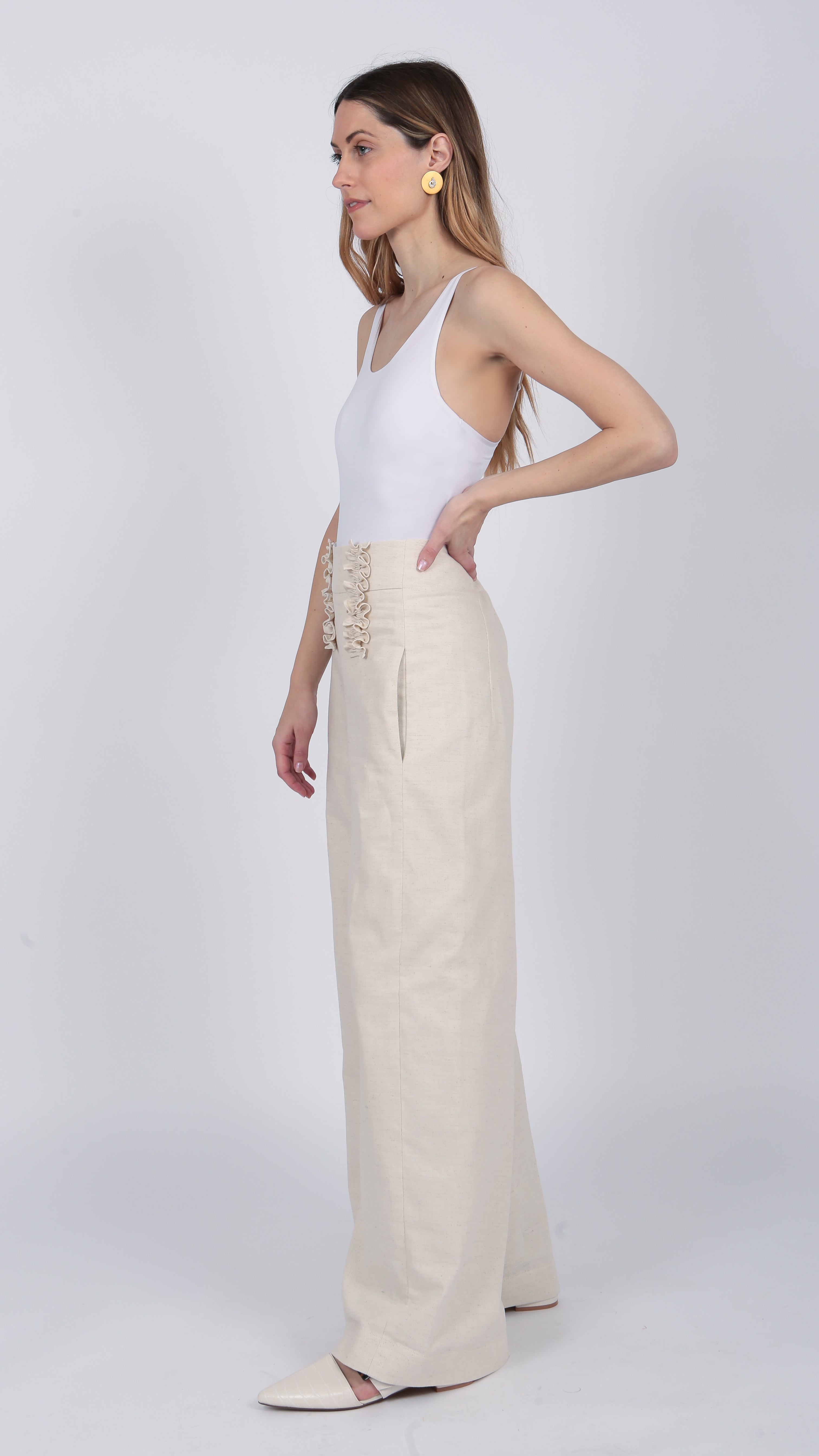 ivory Linen Blend Ruffle high waisted Trouser