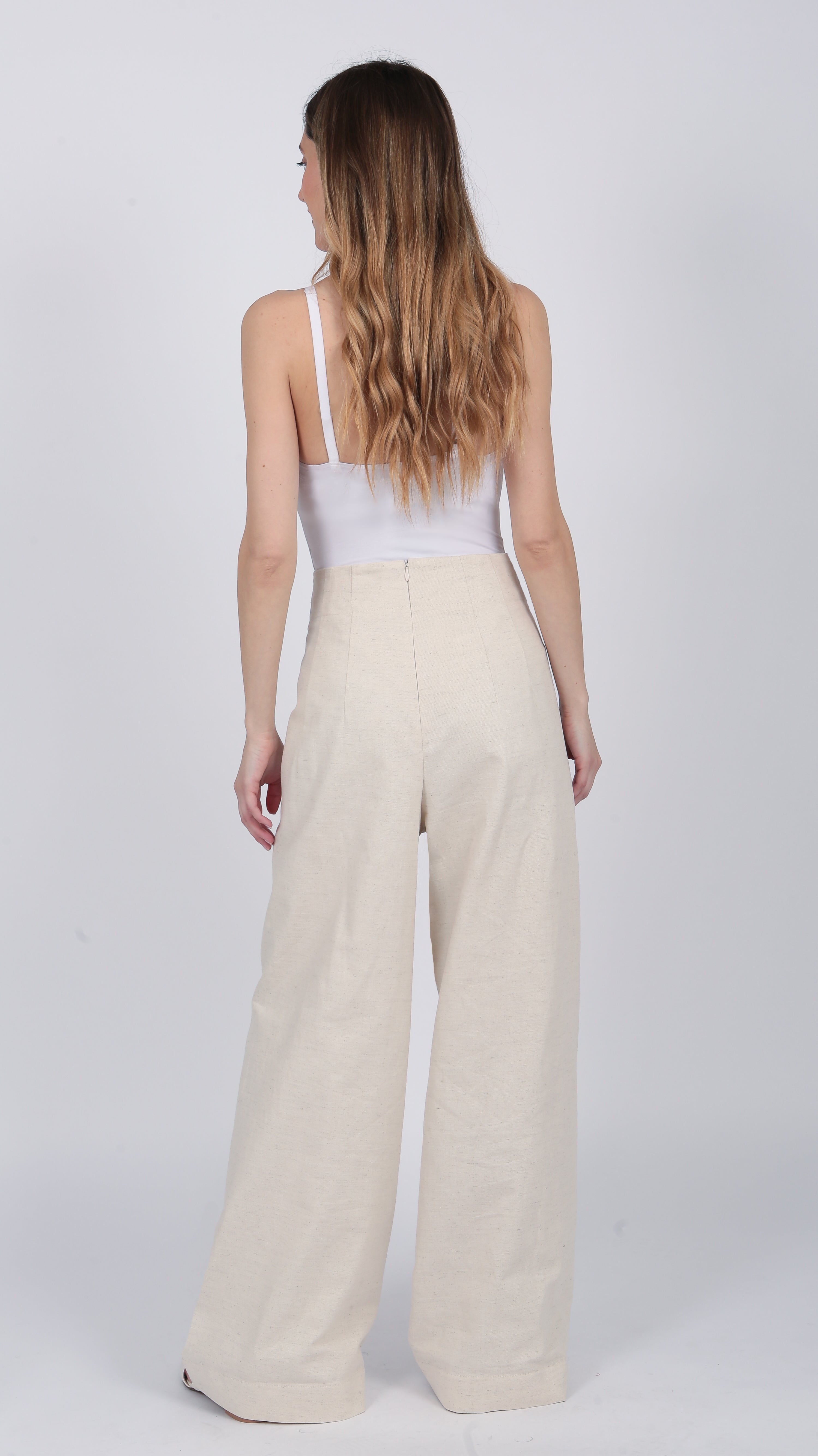 ivory Linen Blend Ruffle high waisted Trouser
