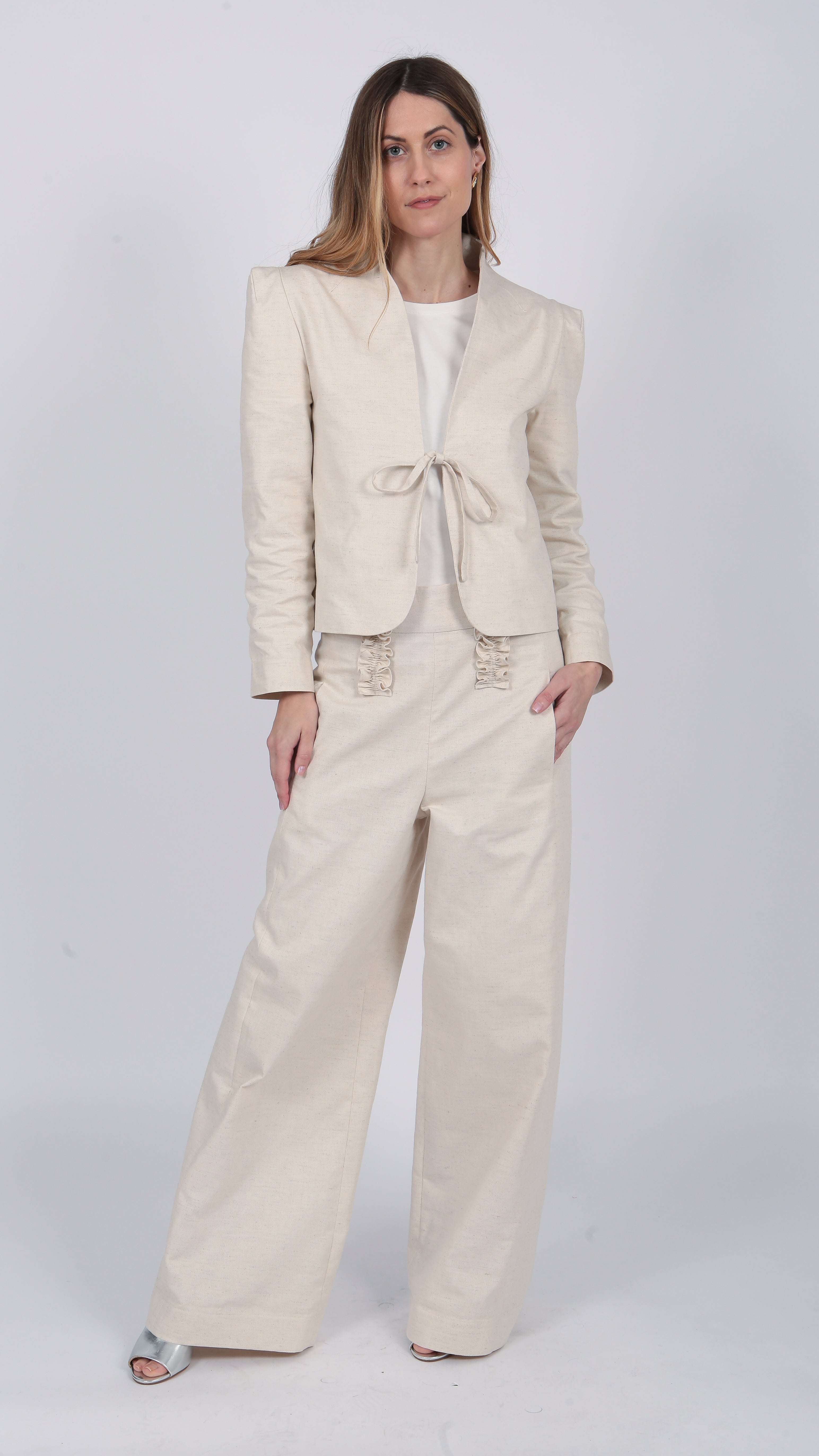 ivory Linen Blend Ruffle high waisted Trouser