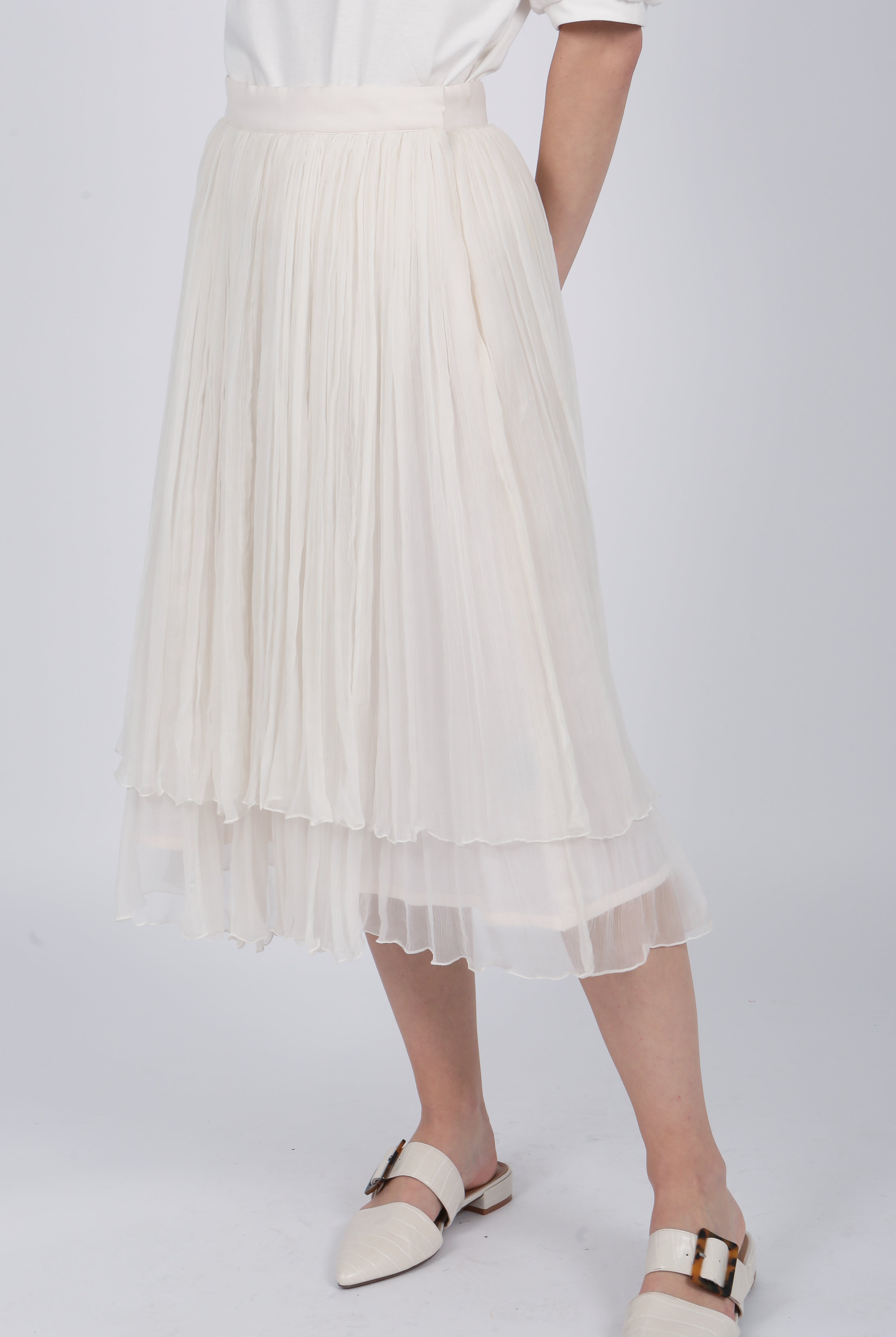 ivory Layered silk Chiffon Midi Skirt