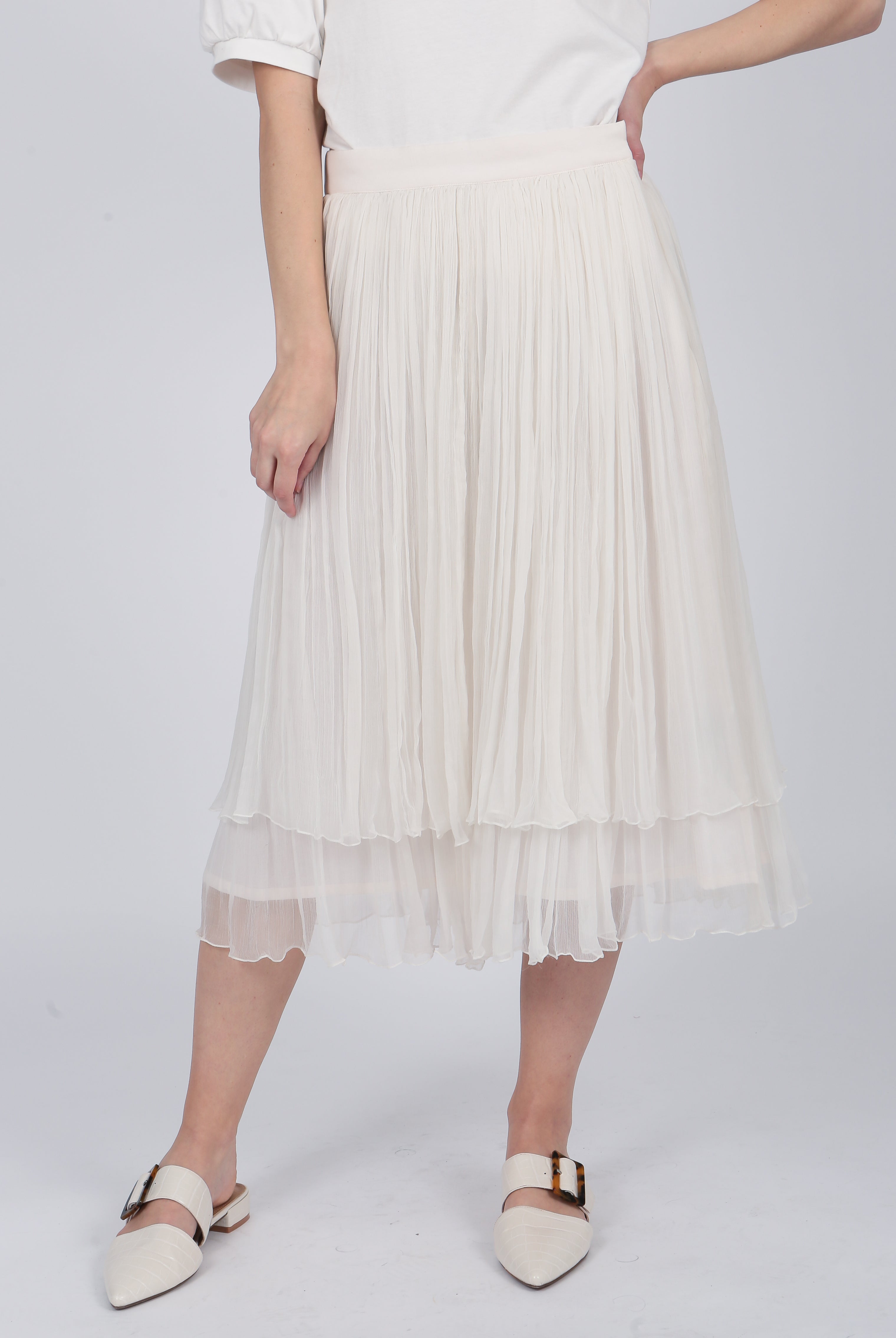 ivory Layered silk Chiffon Midi Skirt