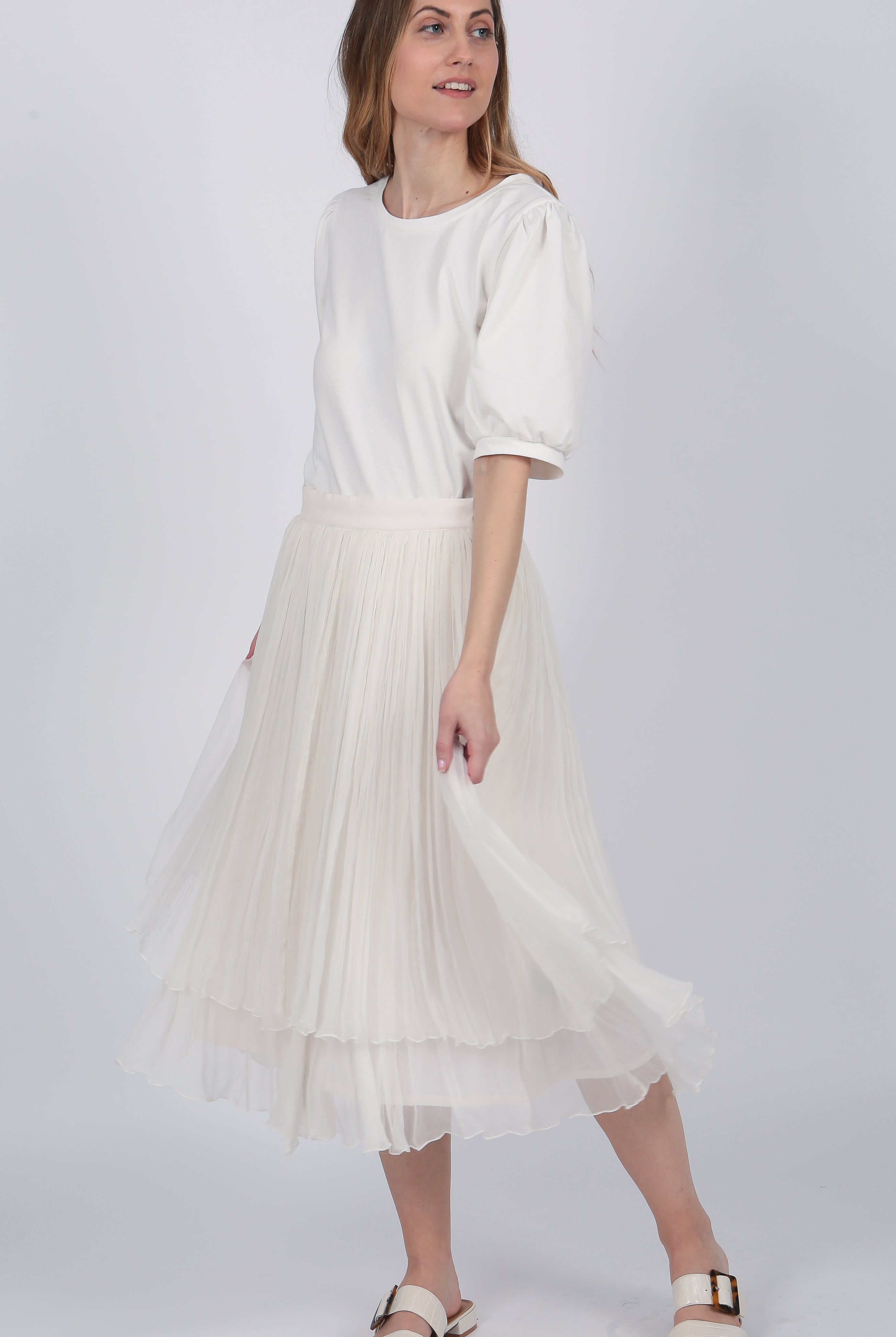 ivory Layered silk Chiffon Midi Skirt