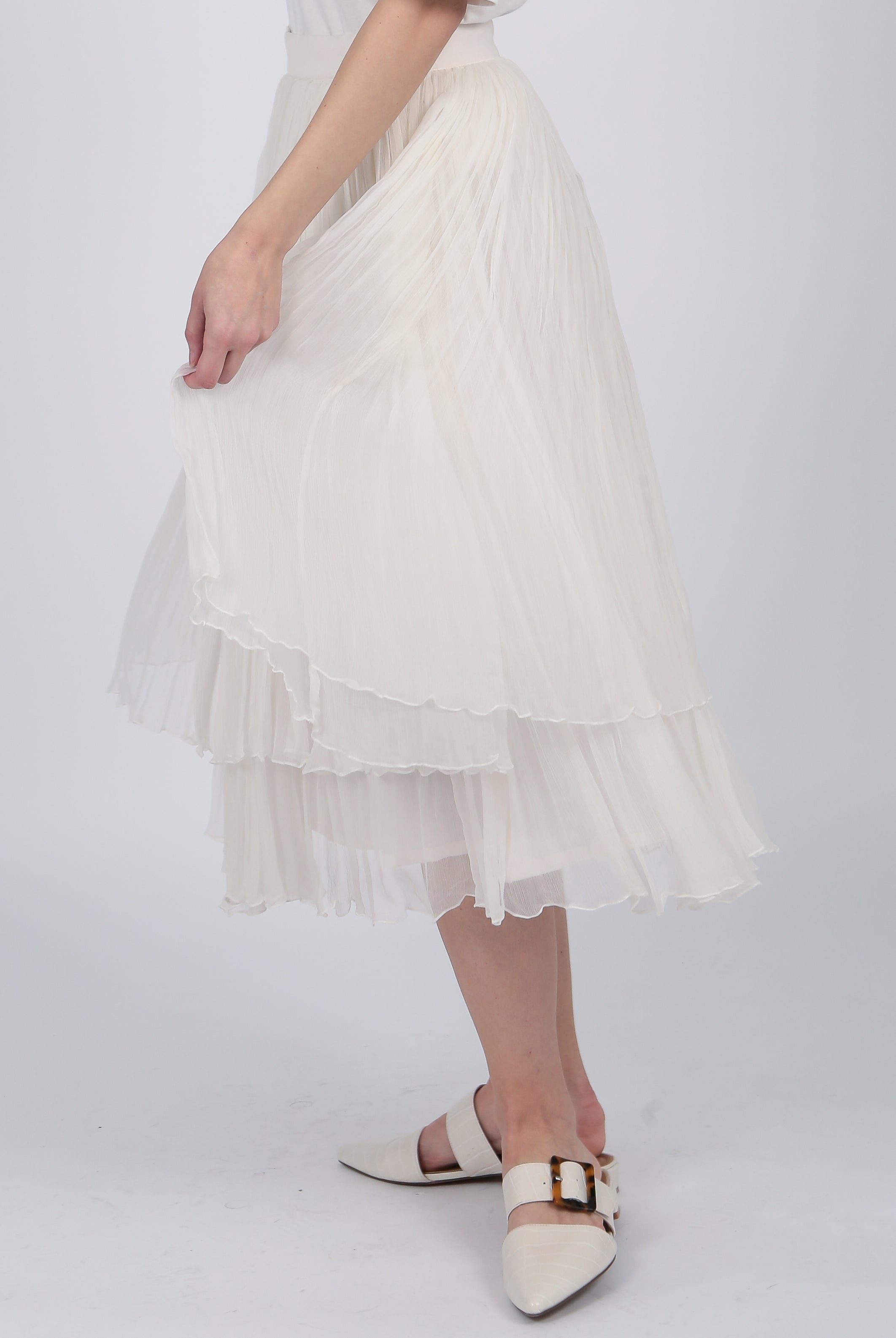 ivory Layered silk Chiffon Midi Skirt
