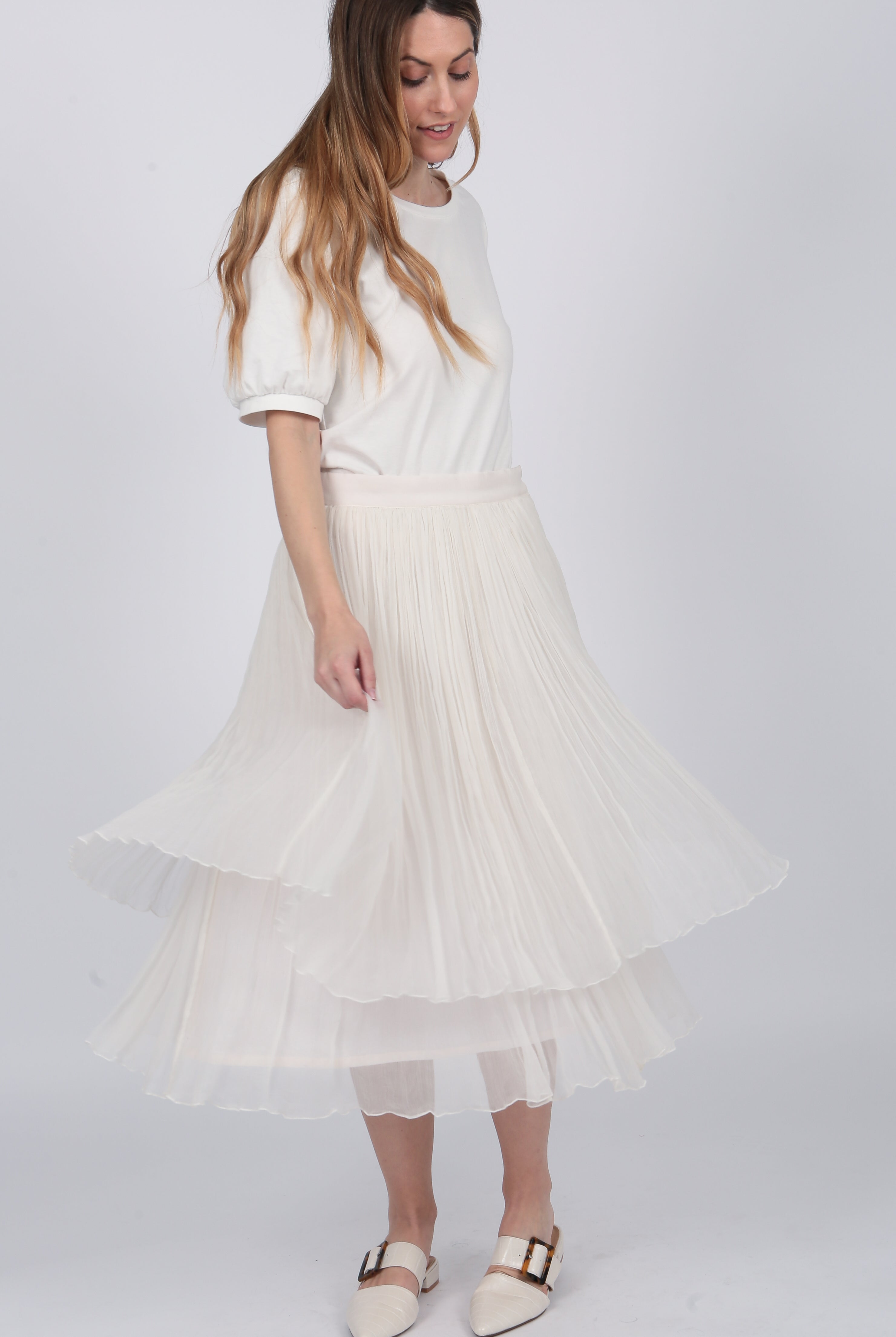 ivory Layered silk Chiffon Midi Skirt