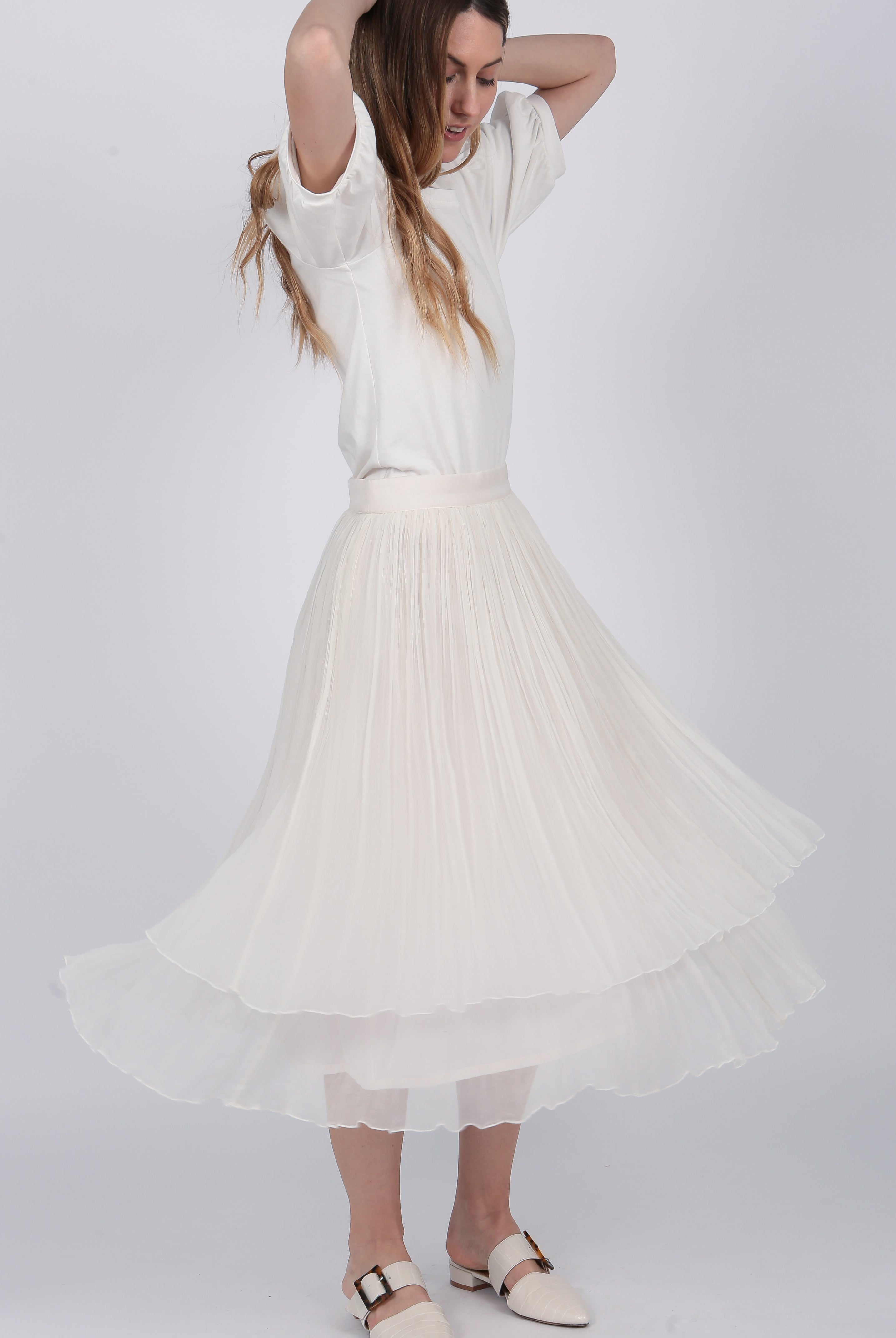 ivory Layered silk Chiffon Midi Skirt