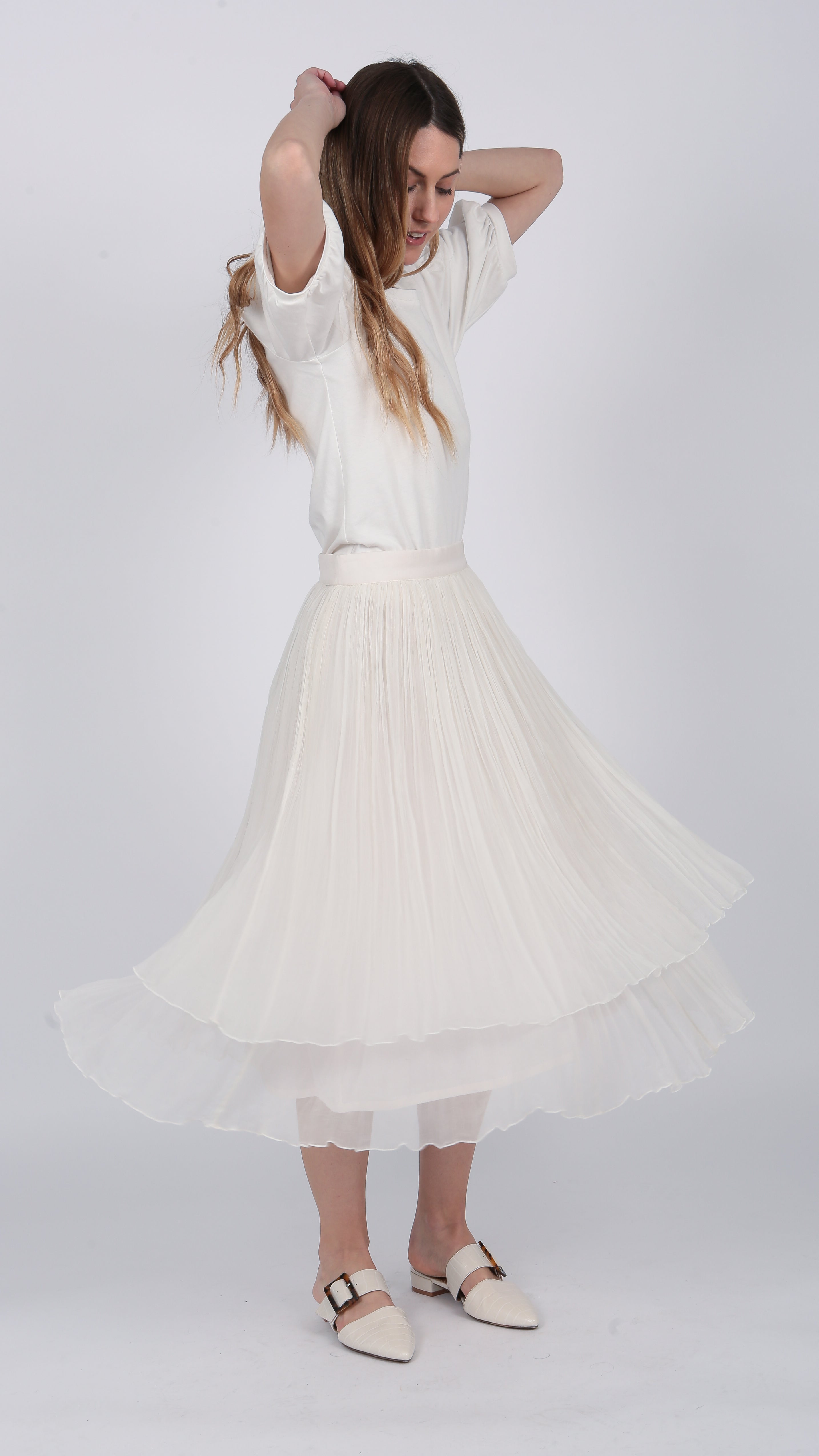 ivory Layered silk Chiffon Midi Skirt