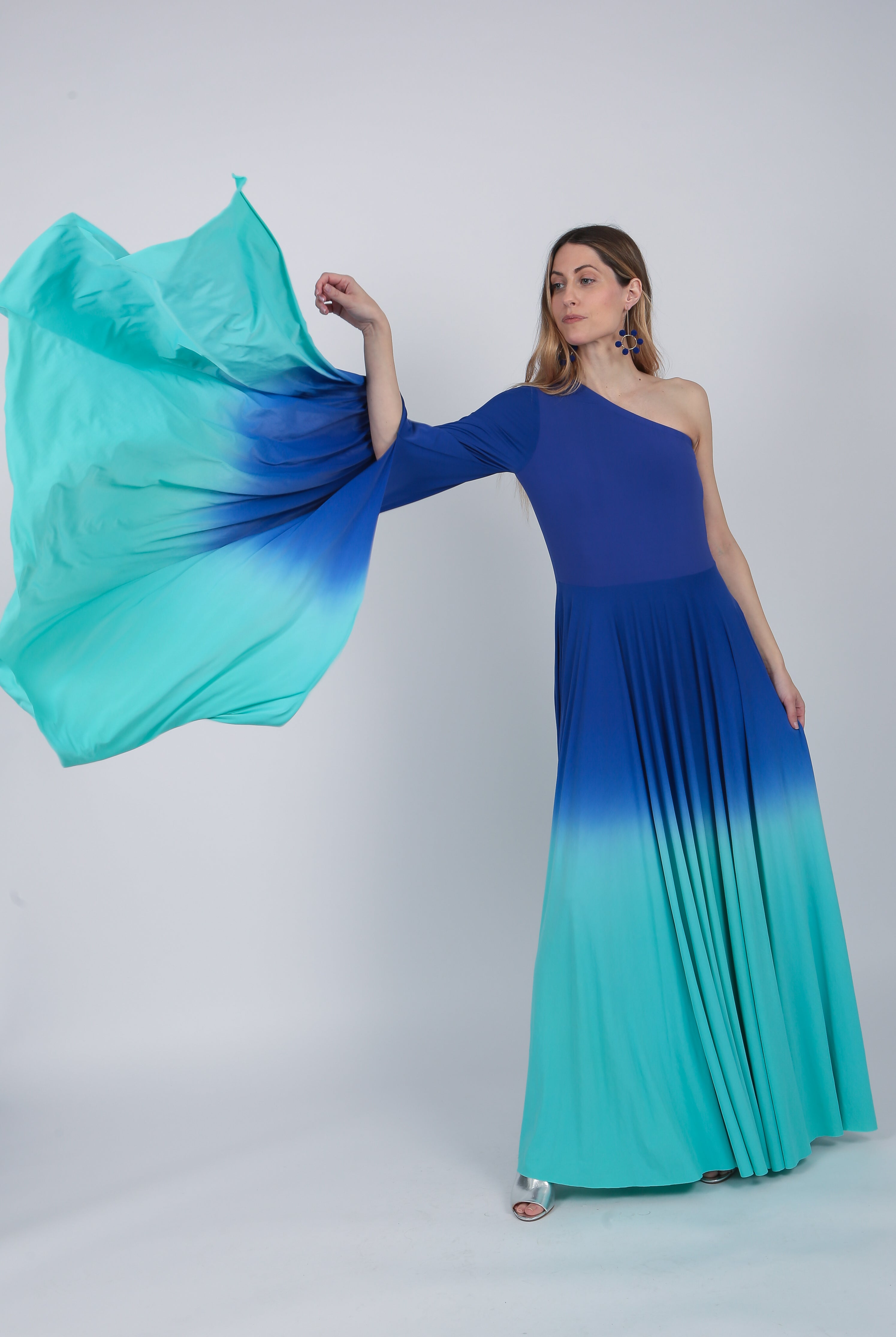 one shoulder Ombre gown Indigo Purple Turquoise