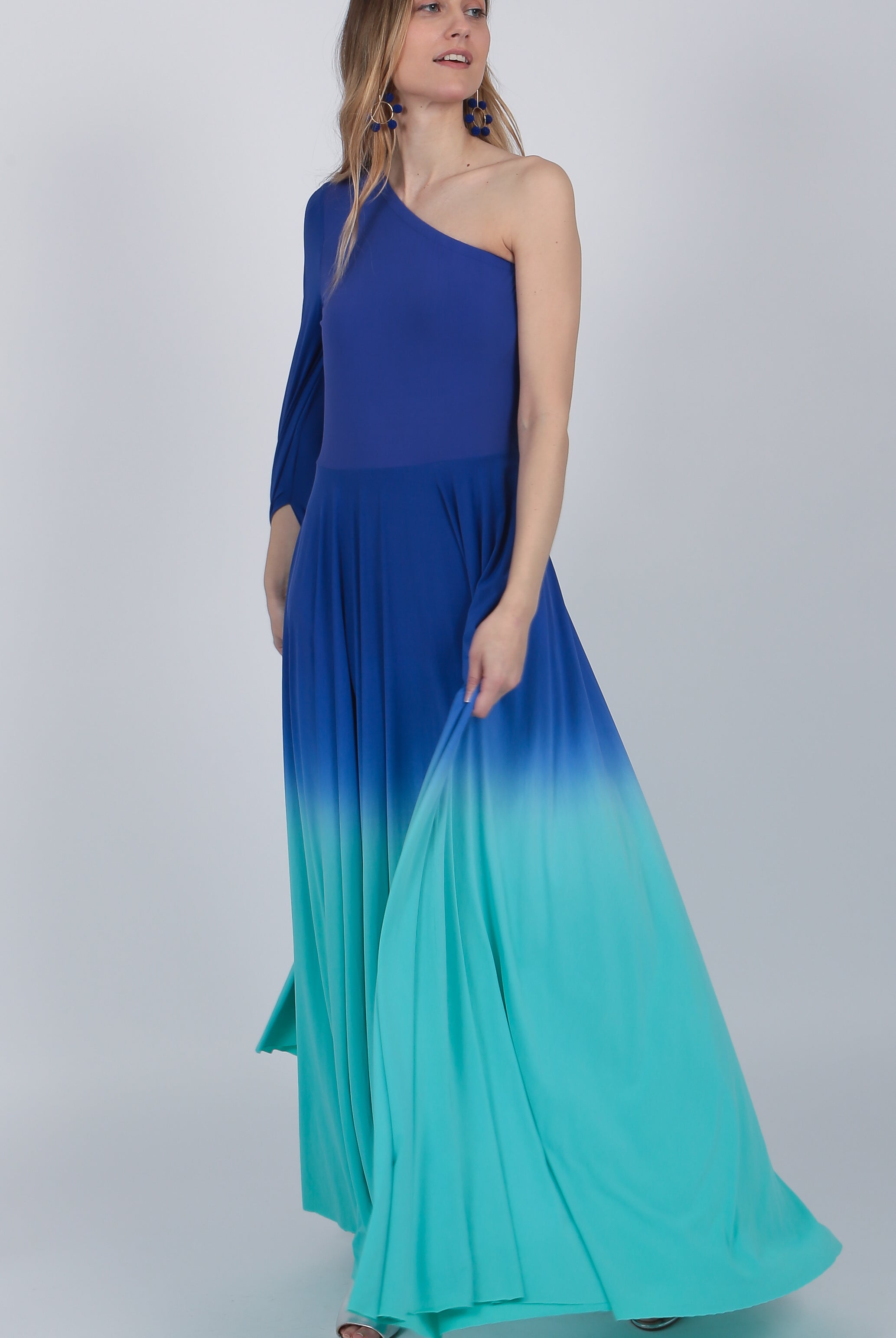 one shoulder Ombre gown Indigo Purple Turquoise