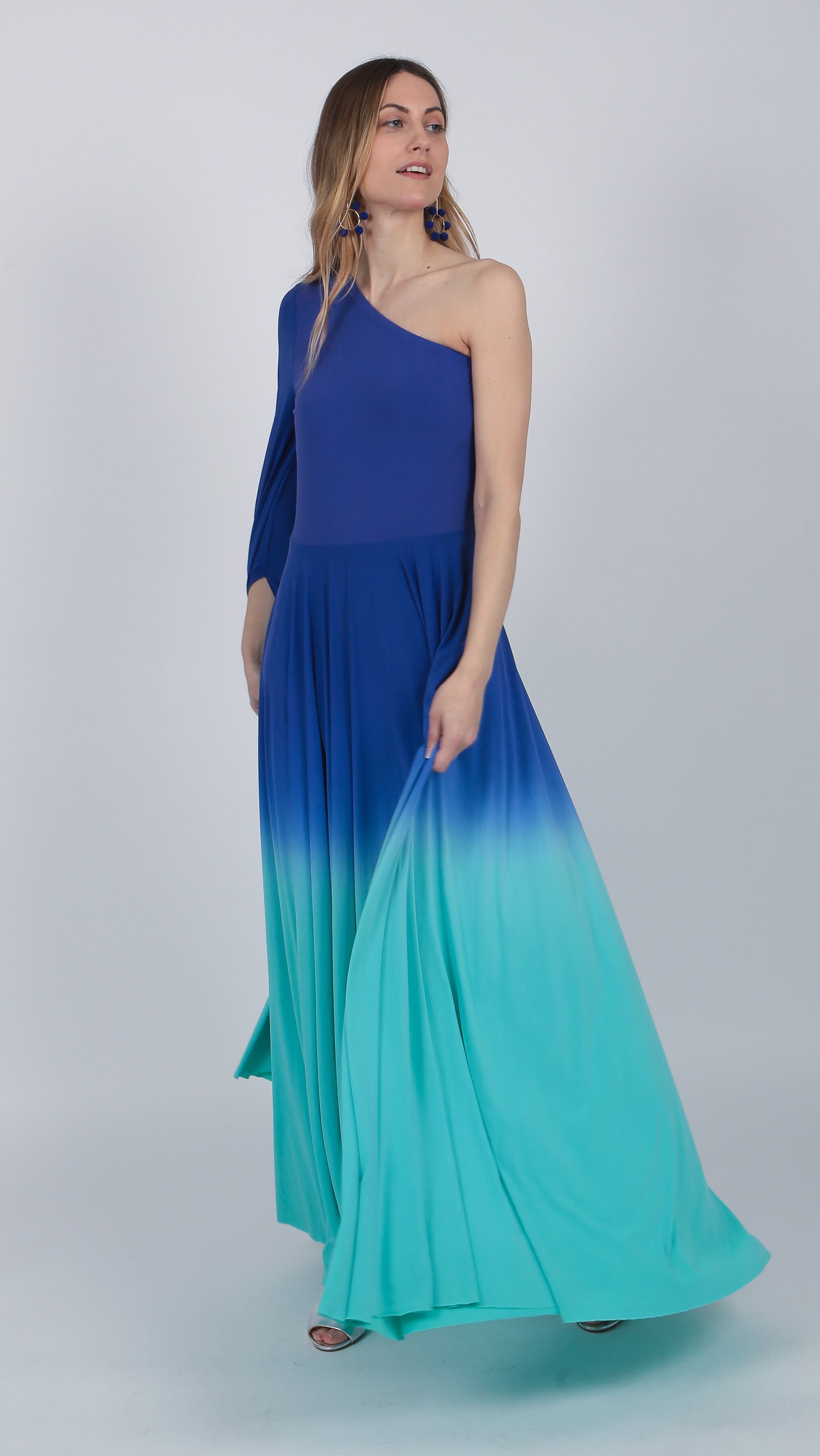 one shoulder Ombre gown Indigo Purple Turquoise