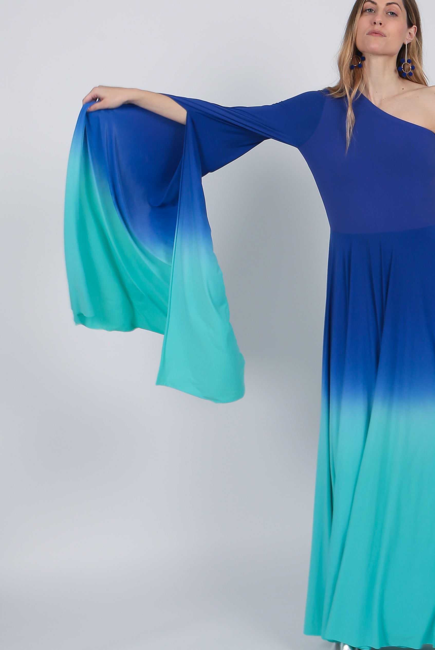 one shoulder Ombre gown Indigo Purple Turquoise