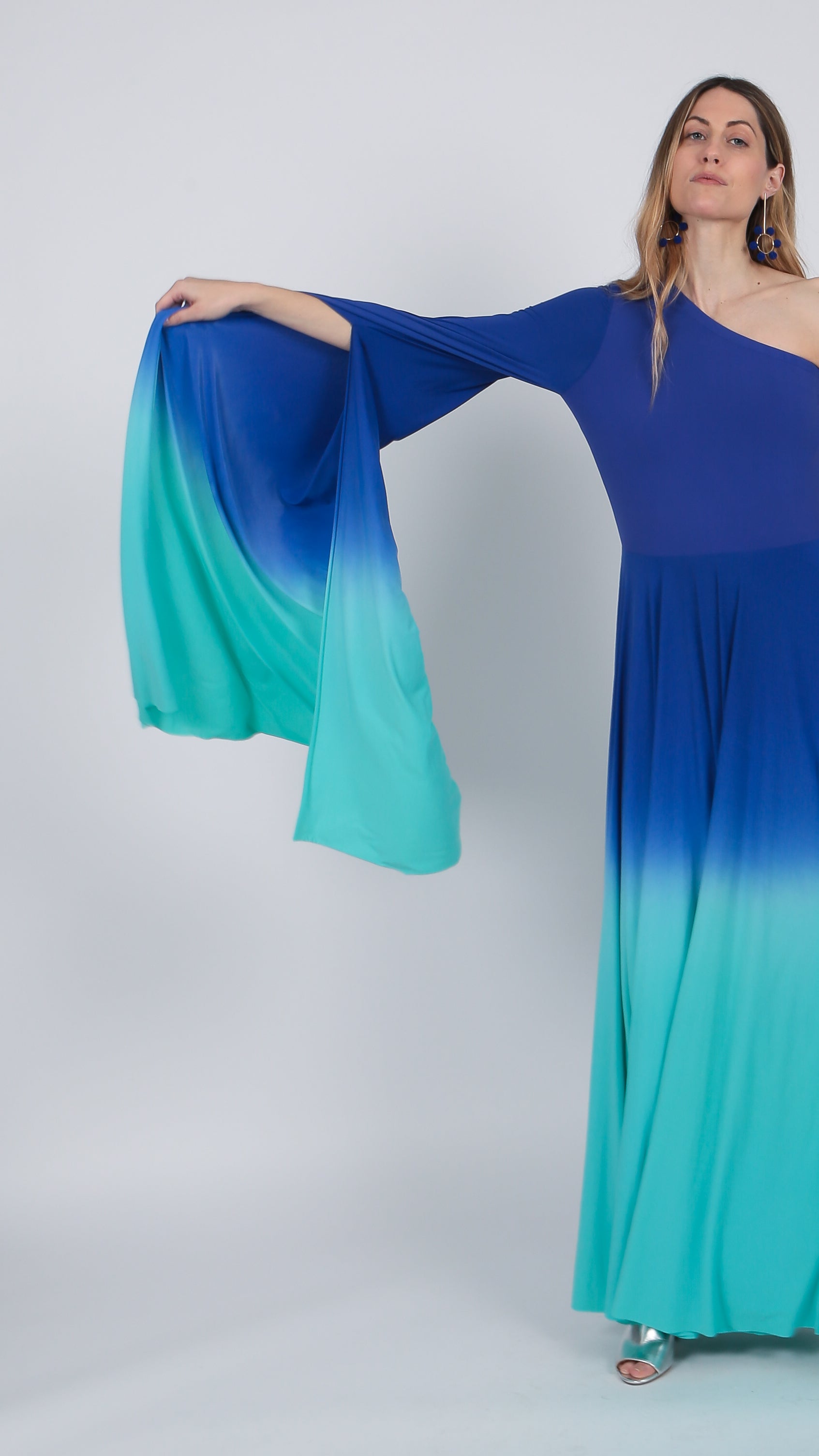 one shoulder Ombre gown Indigo Purple Turquoise