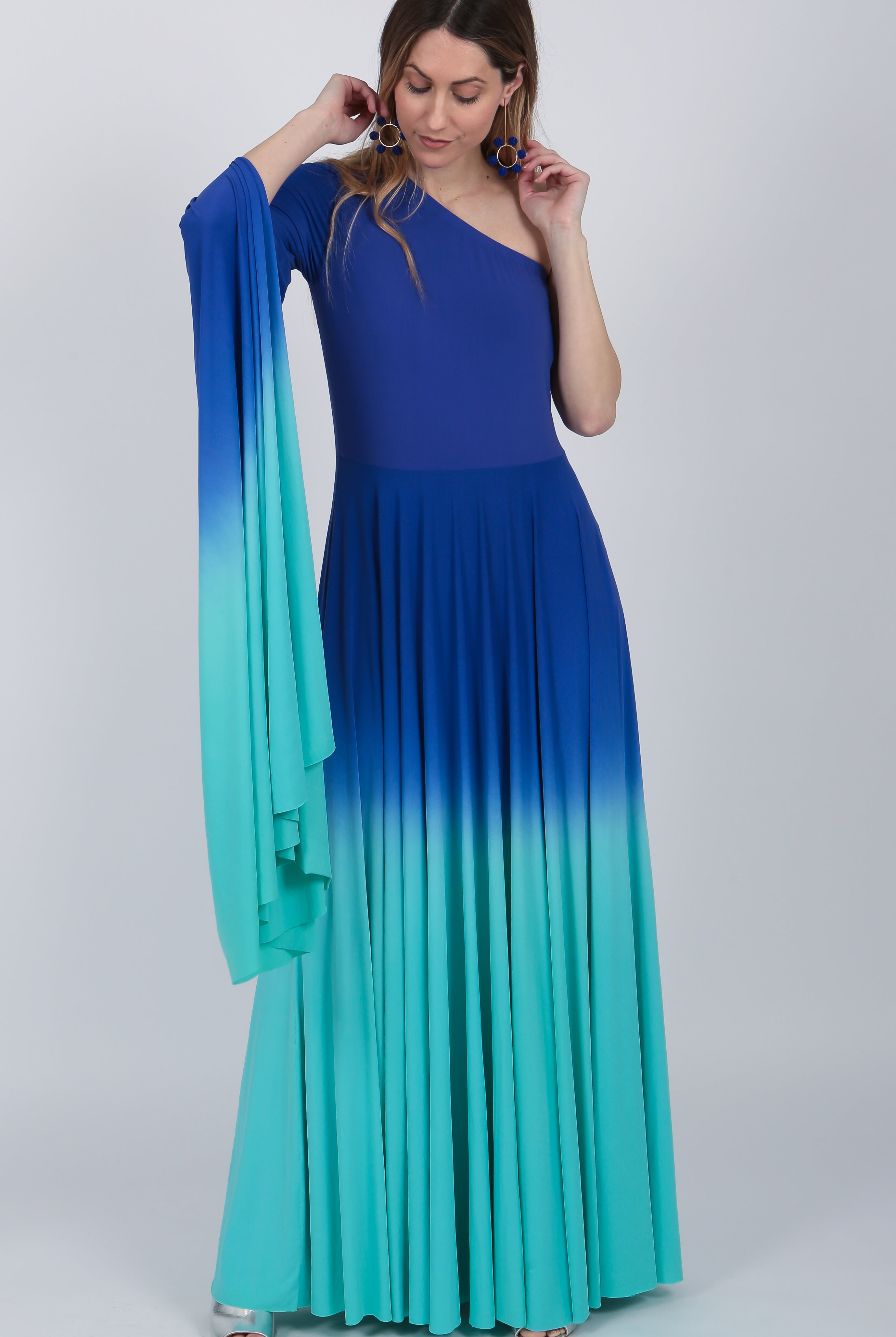 one shoulder Ombre gown Indigo Purple Turquoise