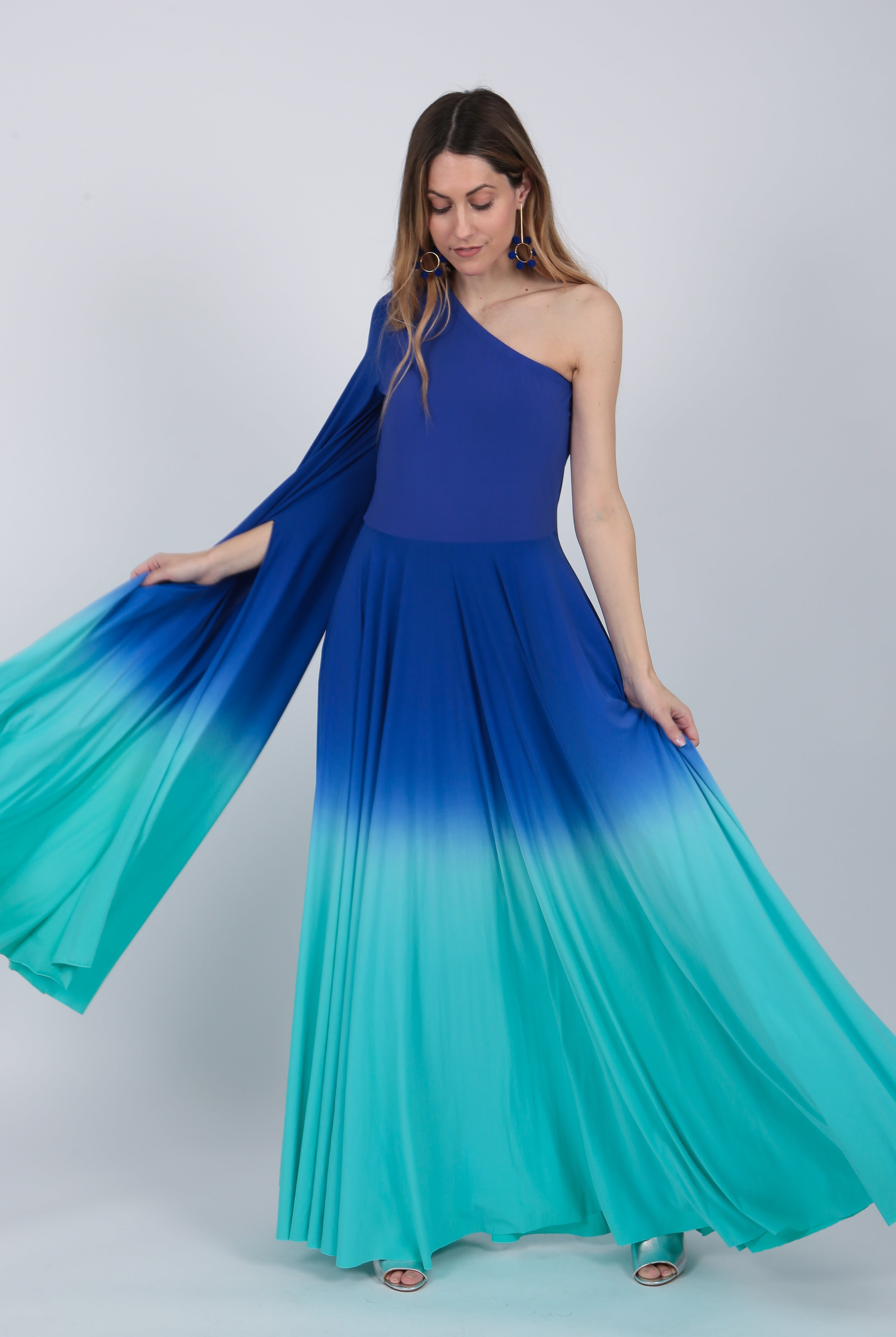 one shoulder Ombre gown Indigo Purple Turquoise
