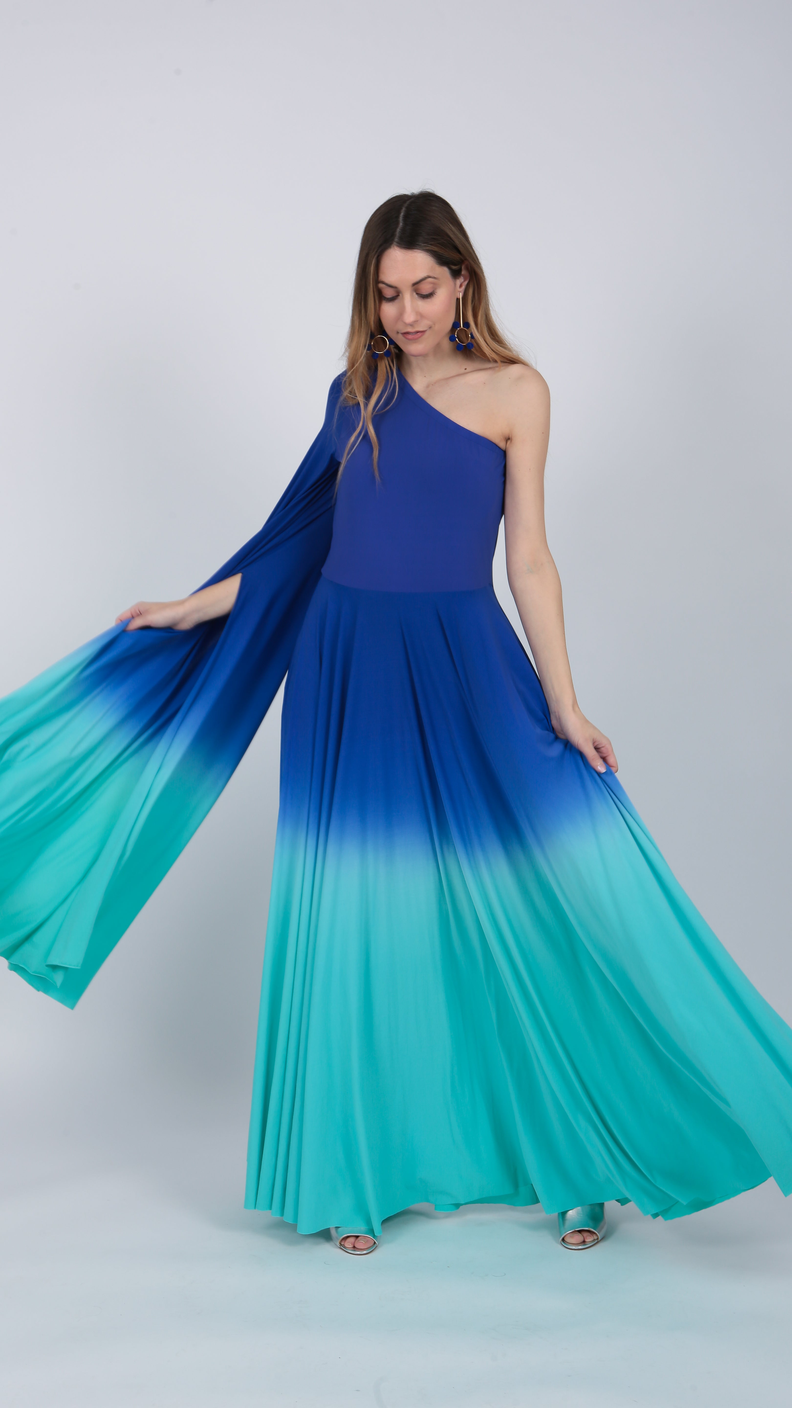 one shoulder Ombre gown Indigo Purple Turquoise