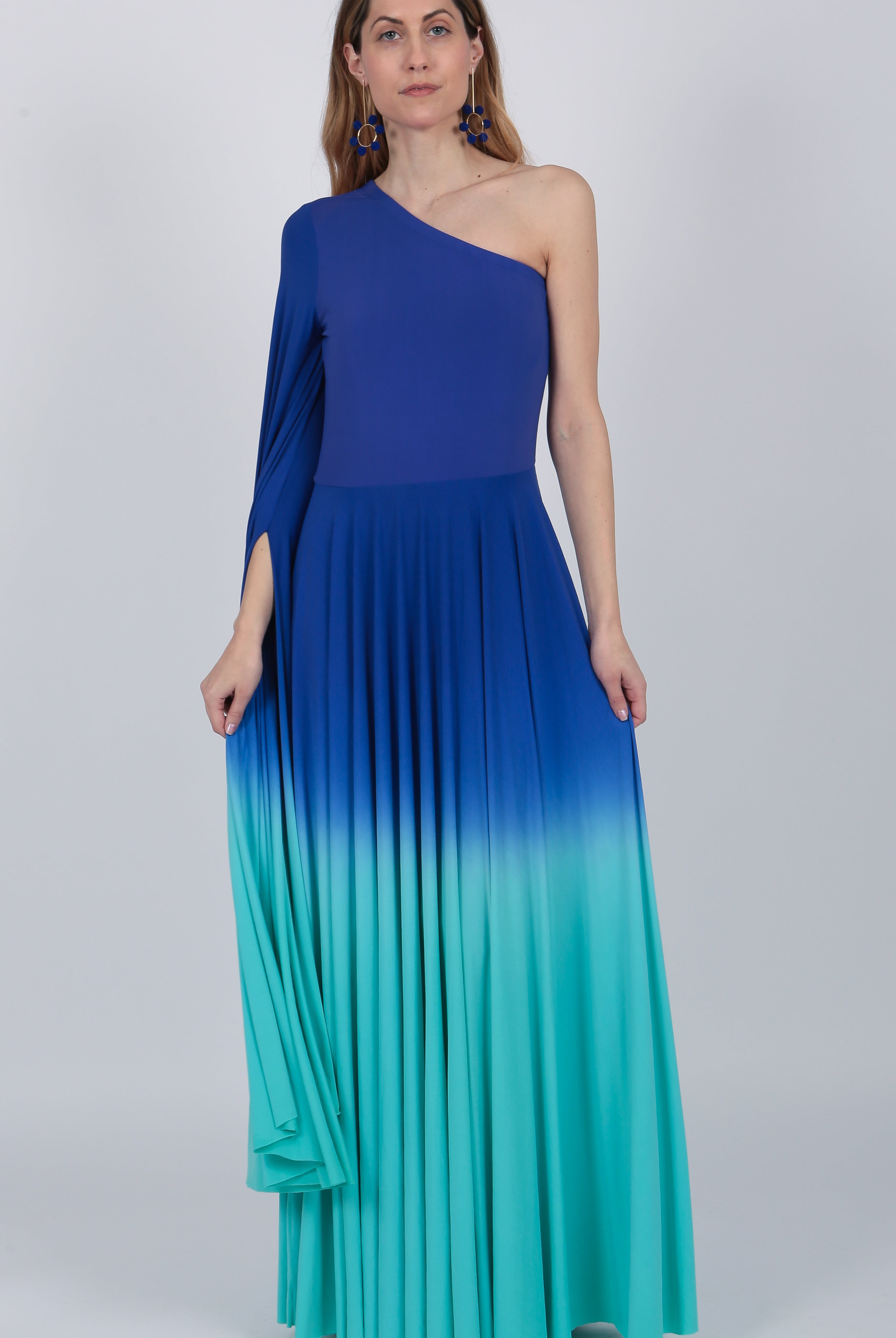 one shoulder Ombre gown Indigo Purple Turquoise