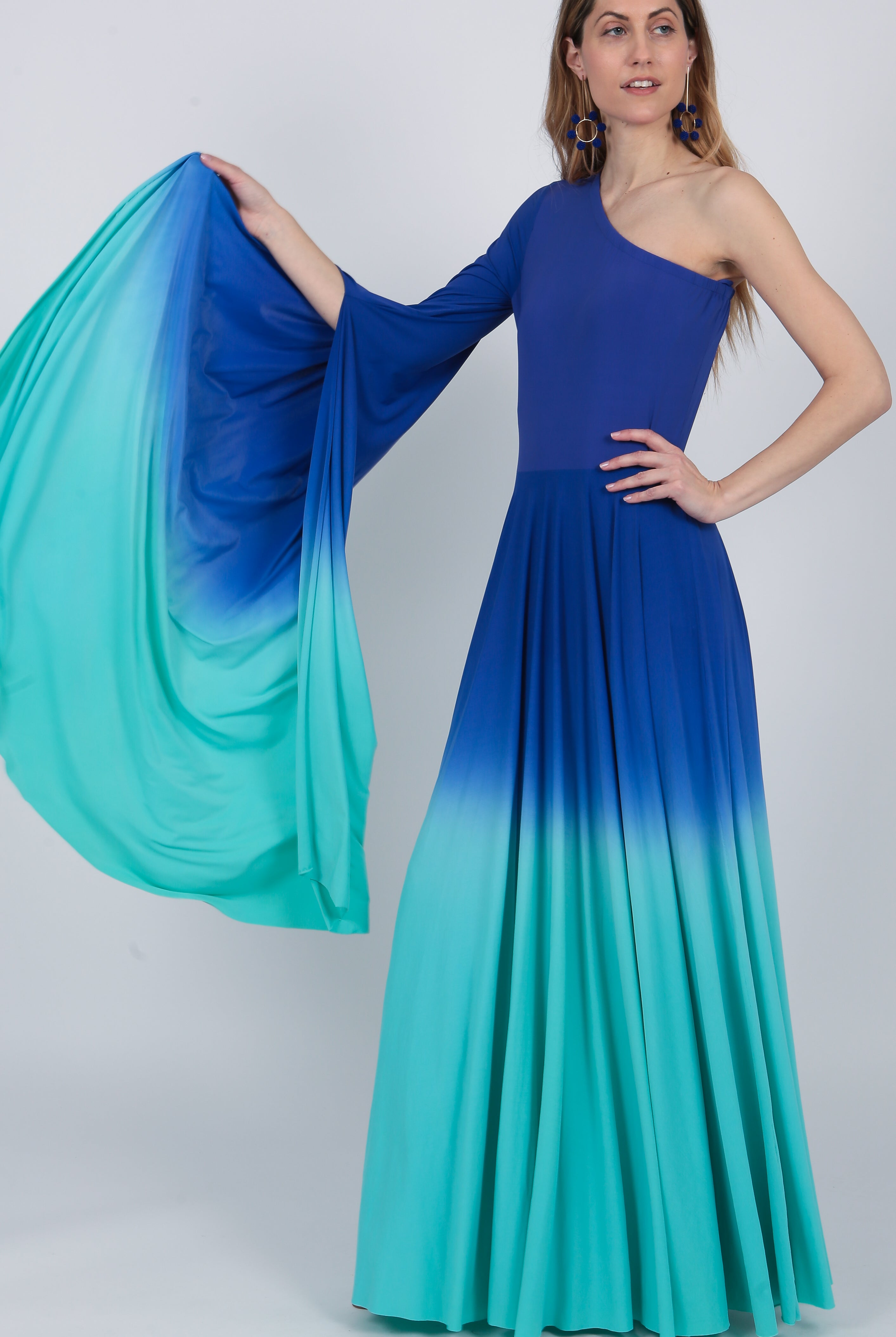 one shoulder Ombre gown Indigo Purple Turquoise