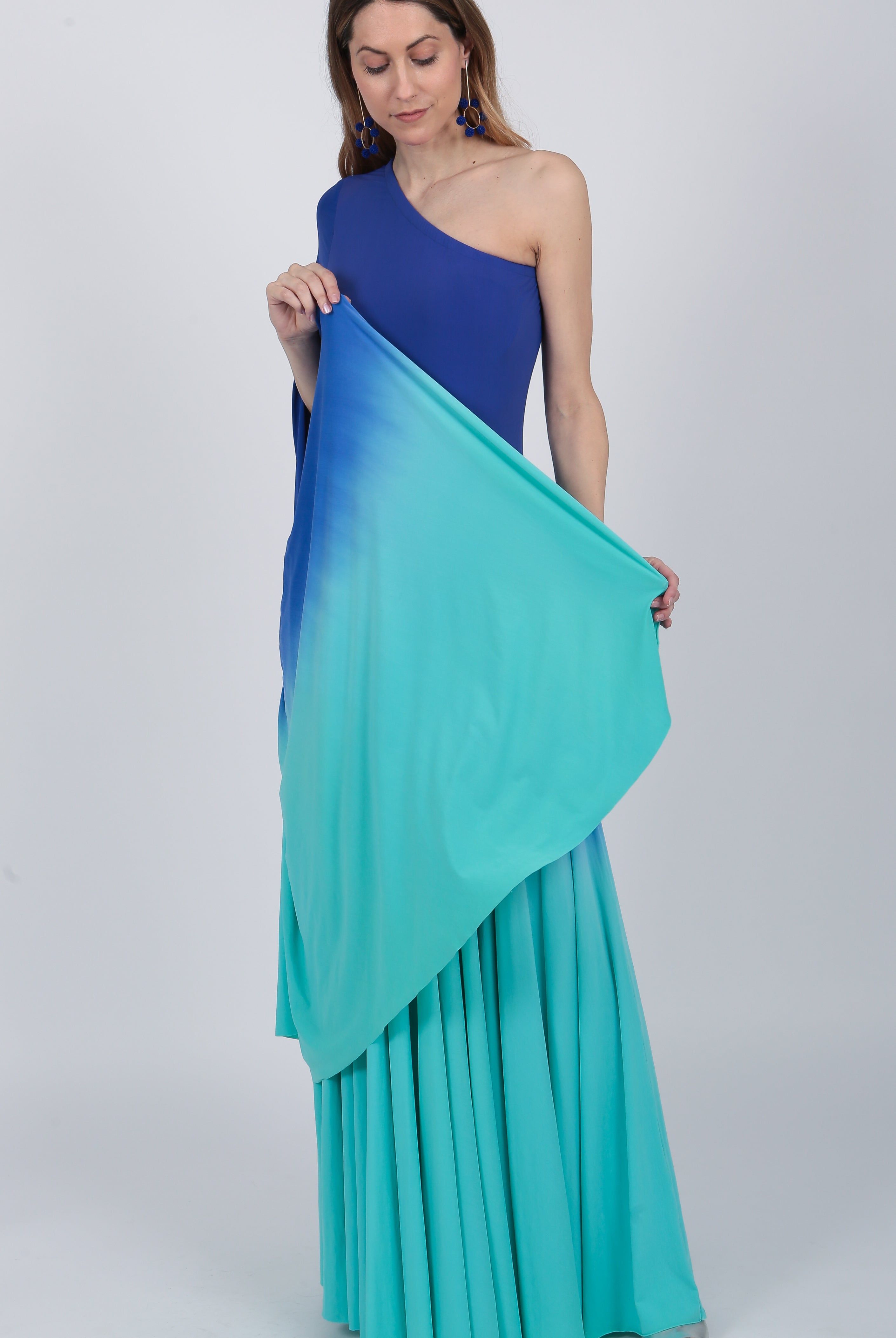 one shoulder Ombre gown Indigo Purple Turquoise