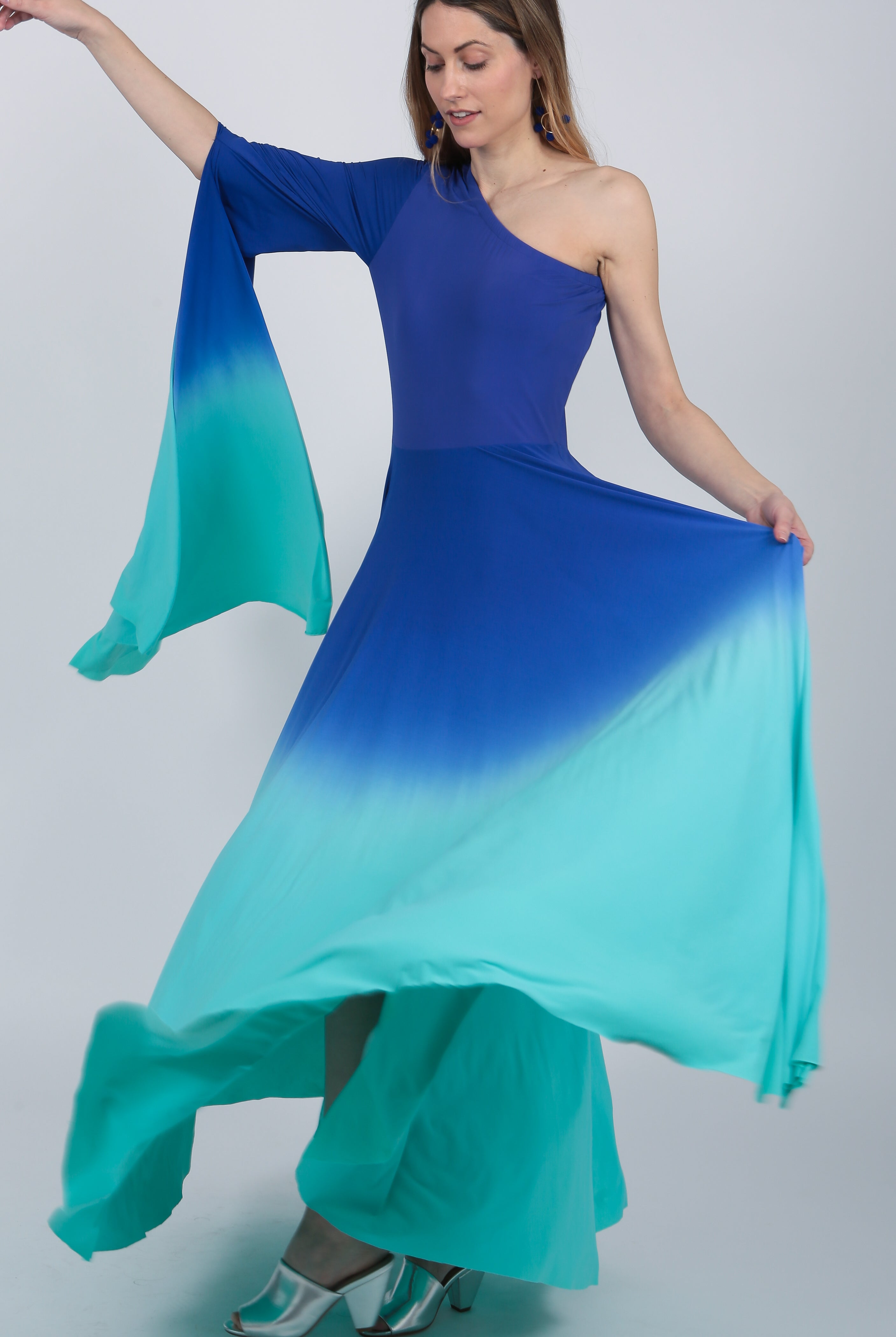 one shoulder Ombre gown Indigo Purple Turquoise