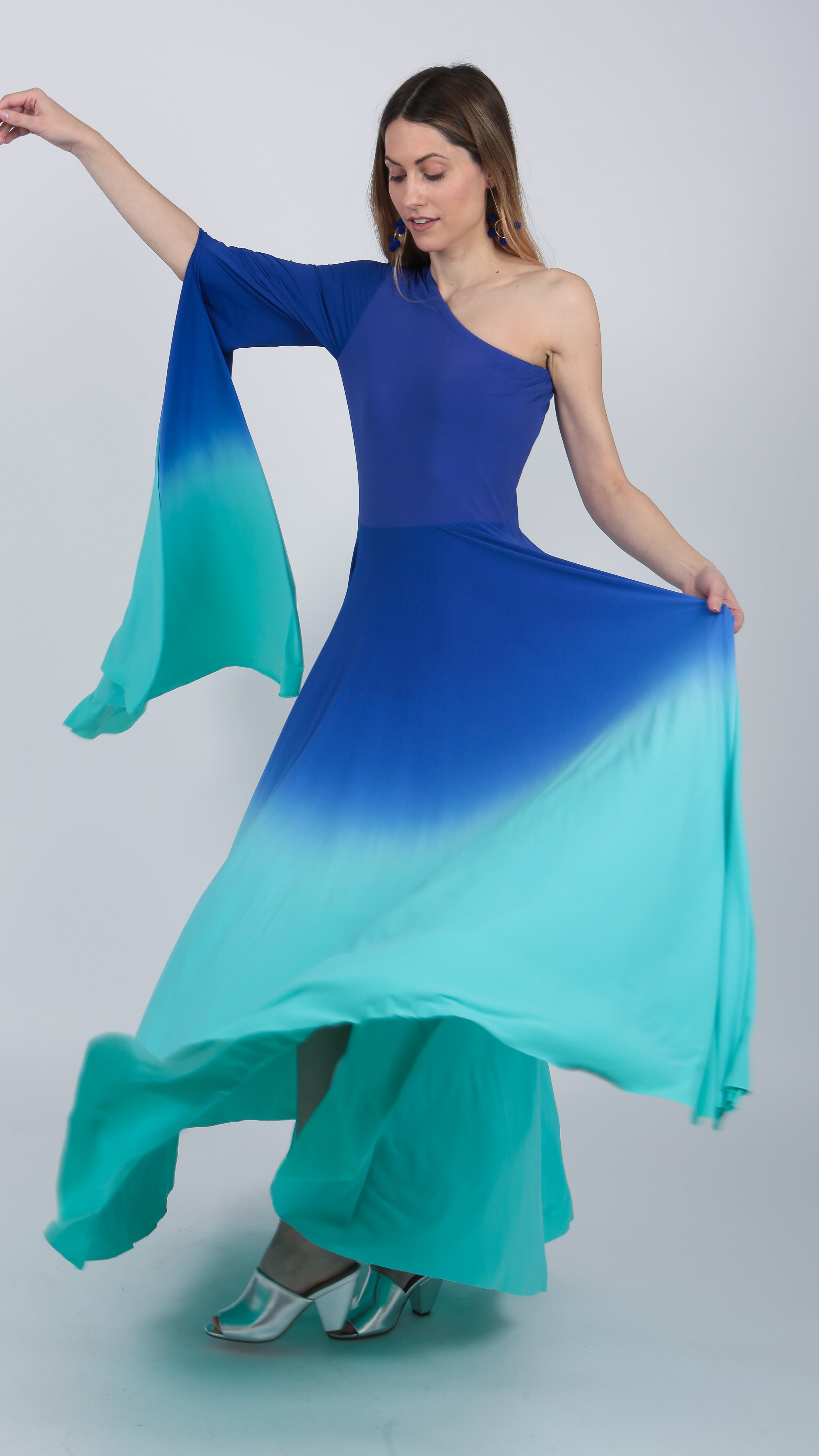 one shoulder Ombre gown Indigo Purple Turquoise