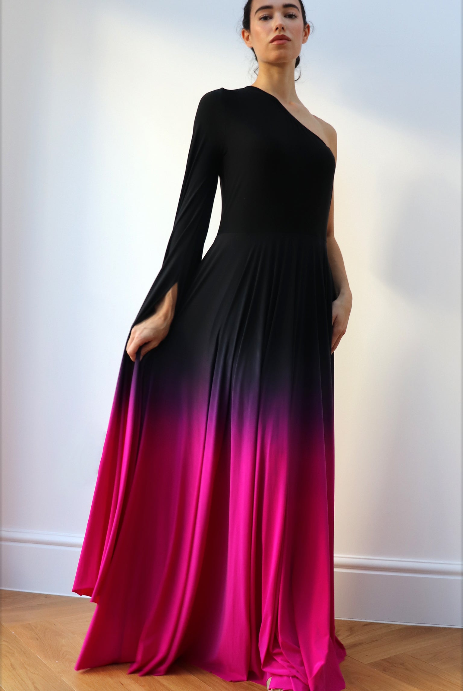 one shoulder Ombre Gown Black Fuschia