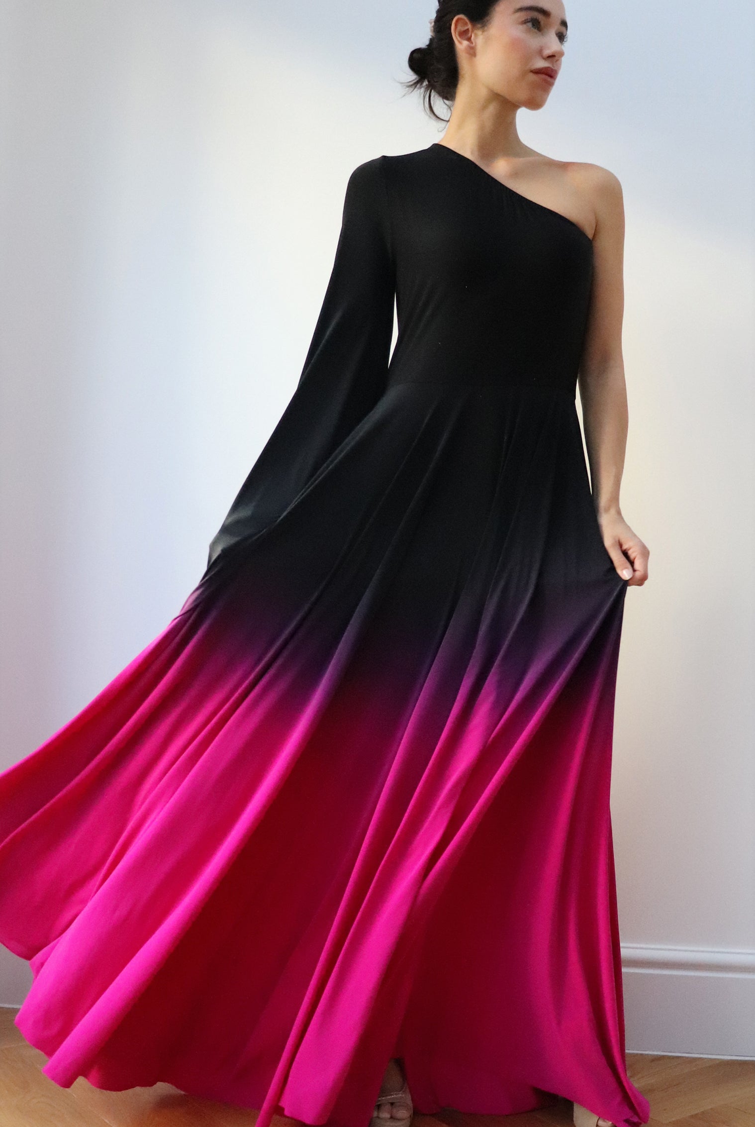 one shoulder Ombre Gown Black Fuschia