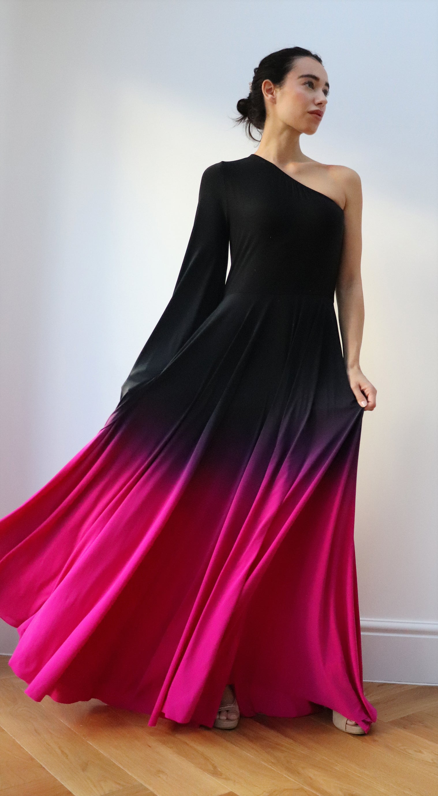 one shoulder Ombre Gown Black Fuschia