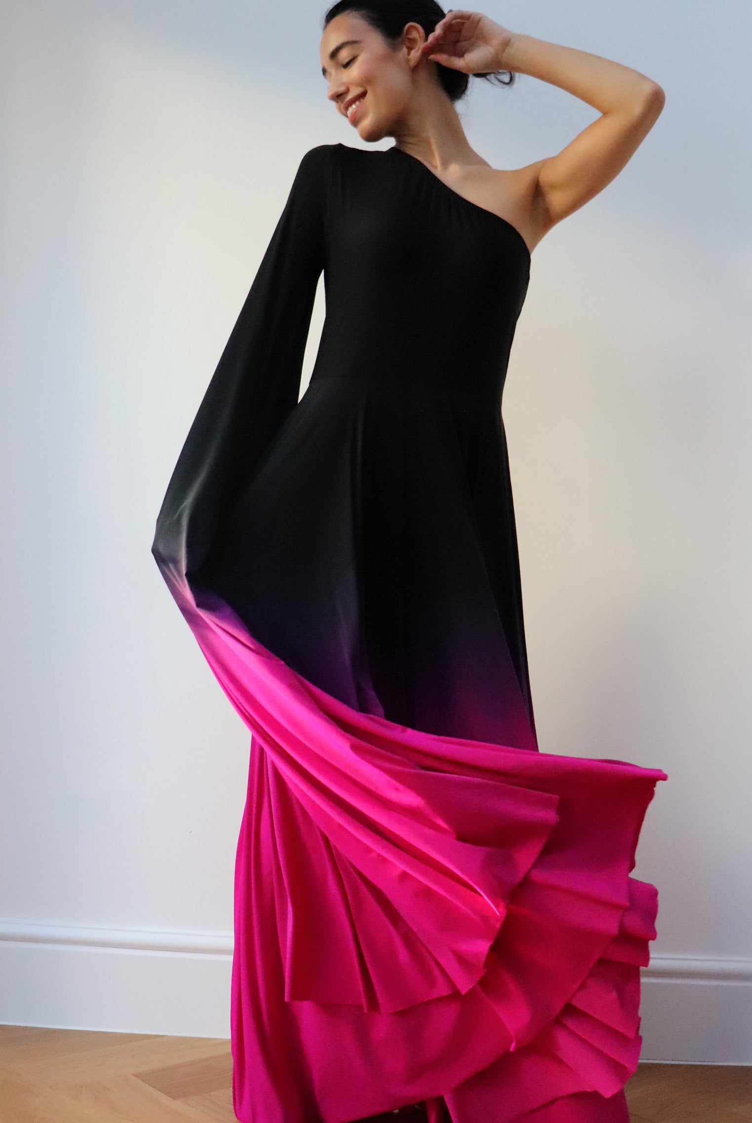one shoulder Ombre Gown Black Fuschia