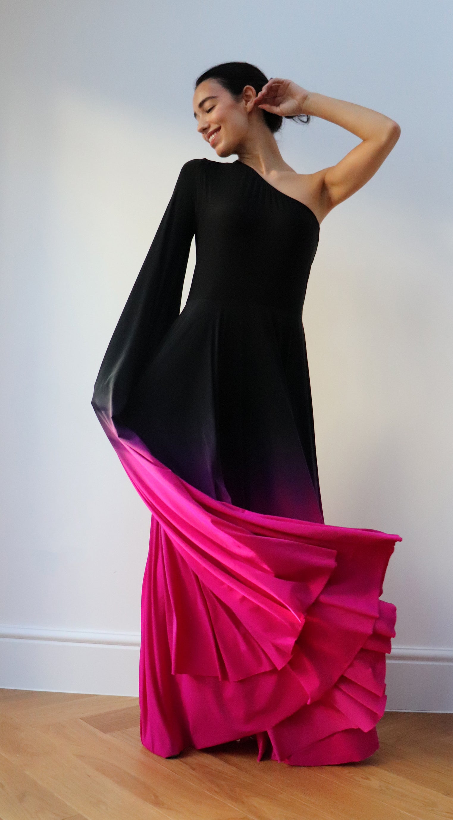 one shoulder Ombre Gown Black Fuschia
