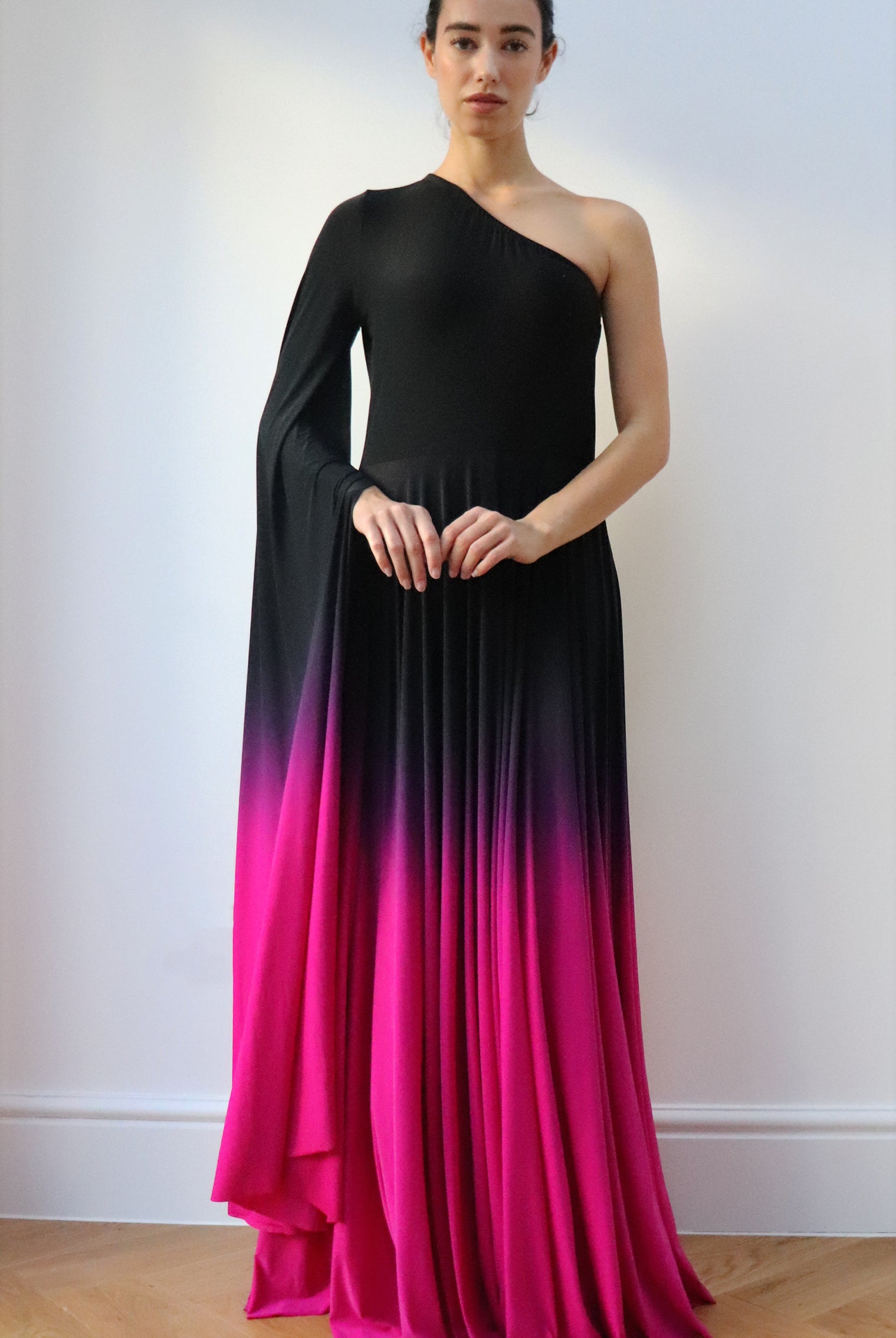 one shoulder Ombre Gown Black Fuschia
