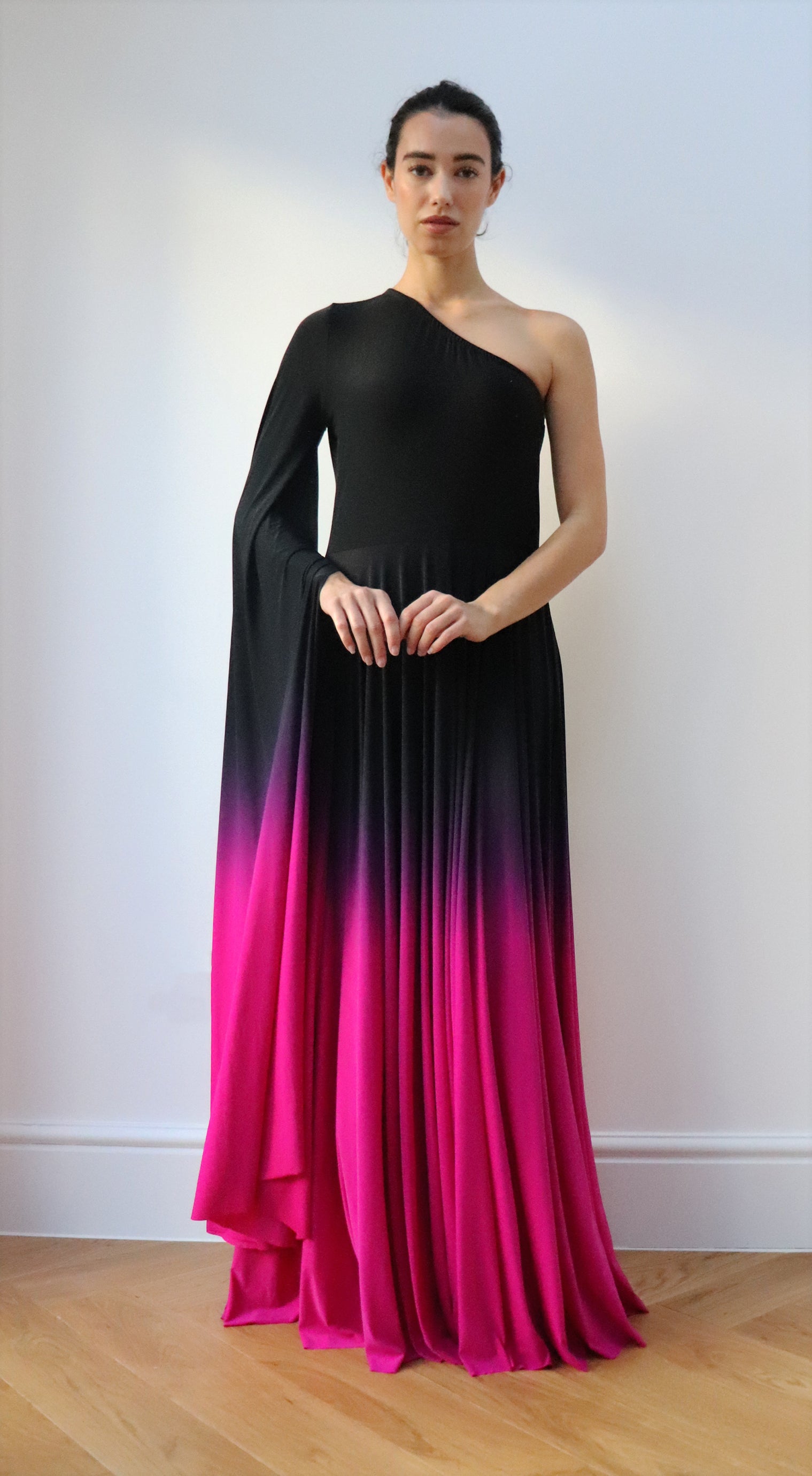 one shoulder Ombre Gown Black Fuschia
