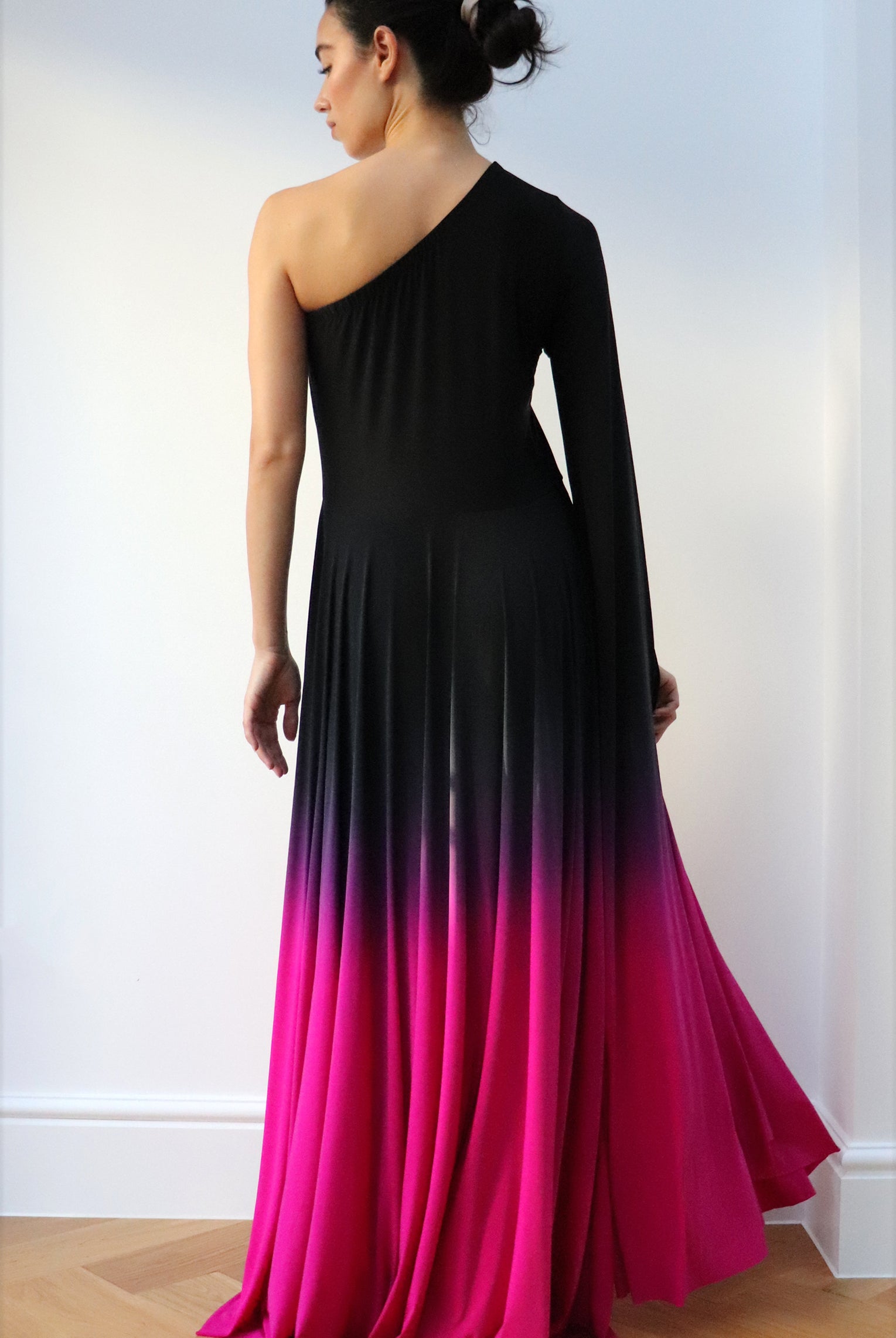 one shoulder Ombre Gown Black Fuschia
