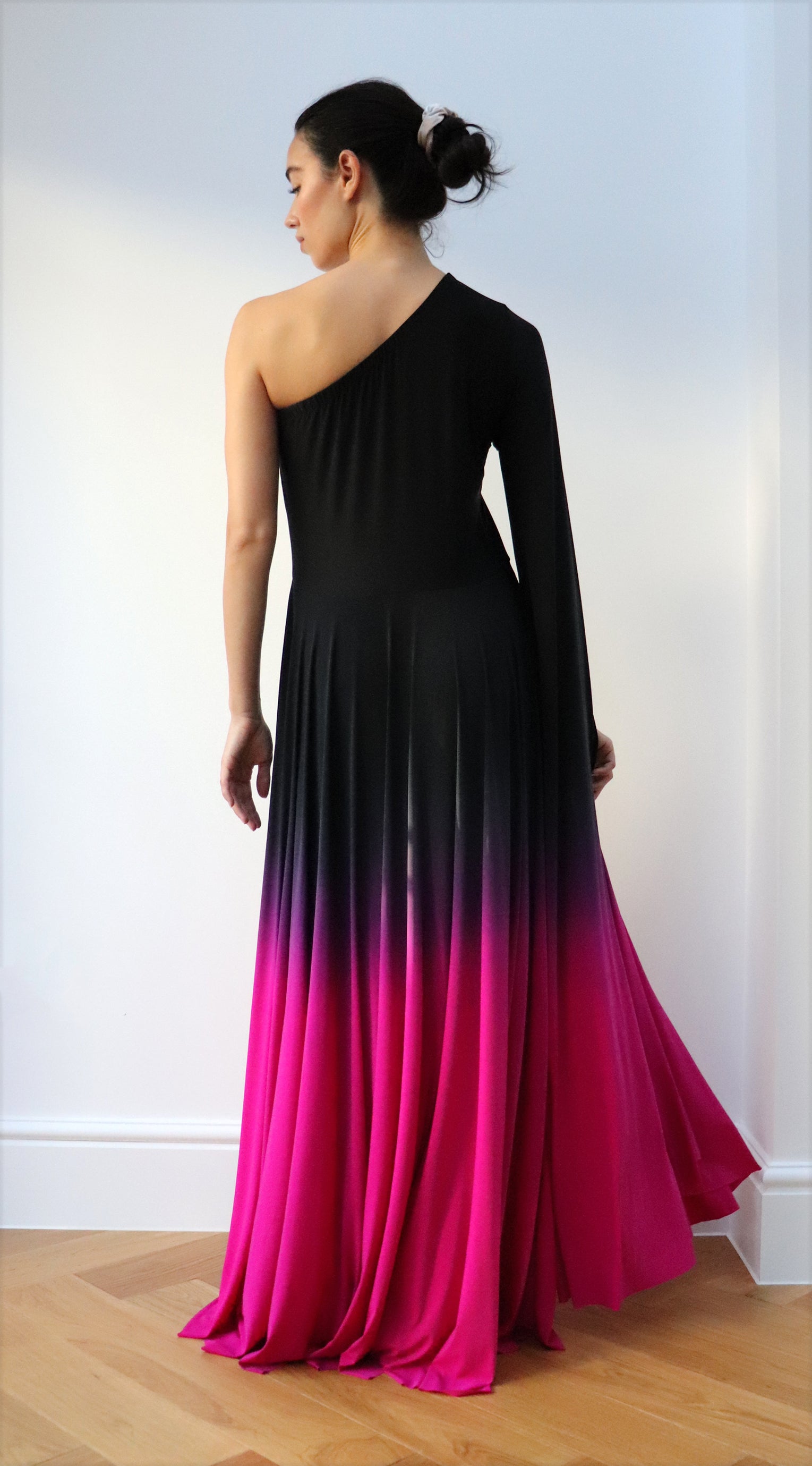 one shoulder Ombre Gown Black Fuschia