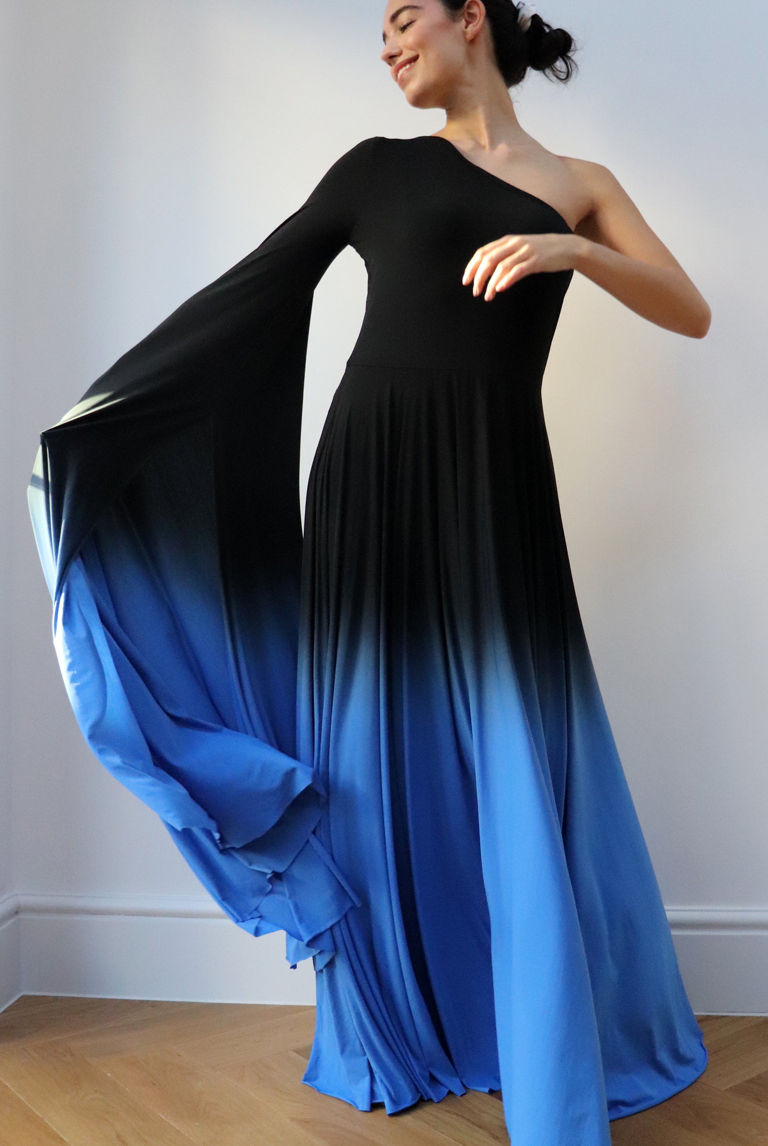 one shoulder Ombre Gown Black Blue