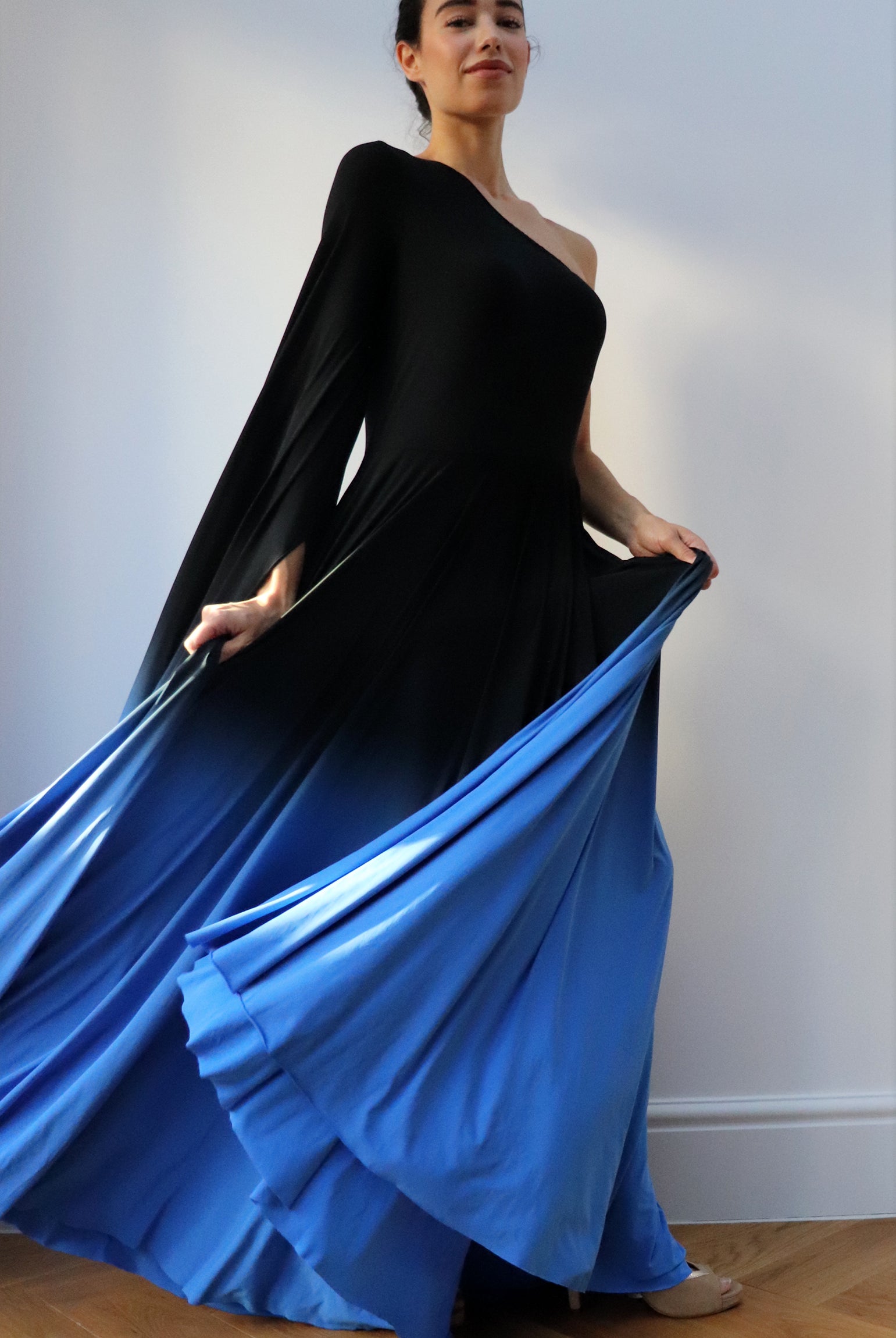 one shoulder Ombre Gown Black Blue
