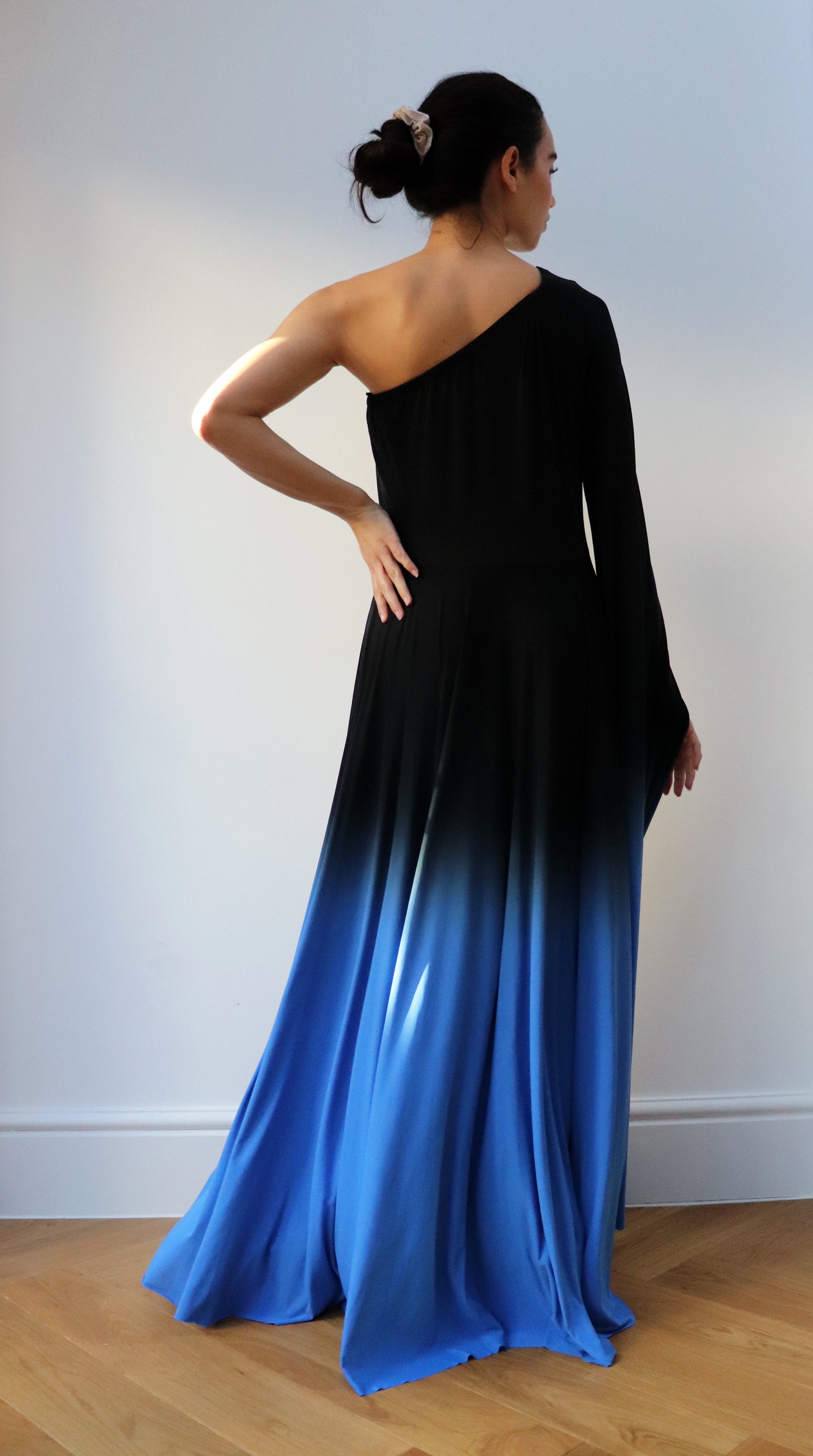 one shoulder Ombre Gown Black Blue